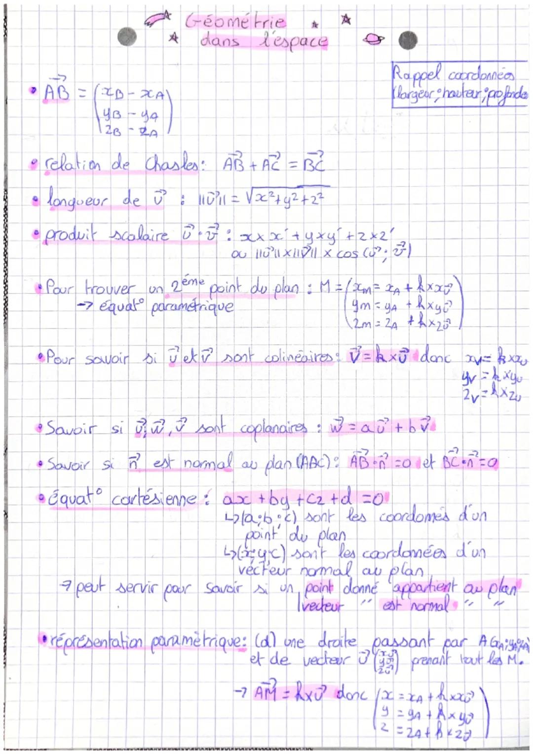 # Géométrie
dans l'espace

A

•$\vec{AB} = \begin{pmatrix} z_B - z_A \\ y_B - y_A \\ z_B - z_A \end{pmatrix}$

• relation de Chasles: $\vec{