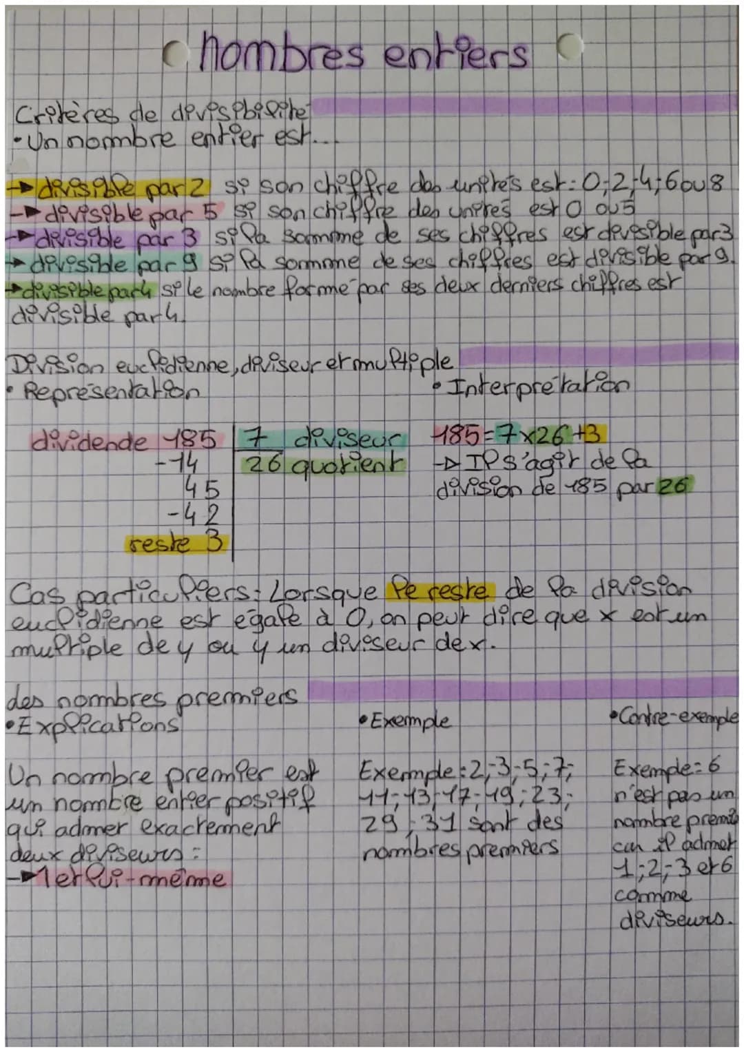Chombres entiers C
Critères de divisibilite
-Un nombre entier est.
divisible par 2 si son chiffre des unire's est: 0-2-4-6008
divisible
par
