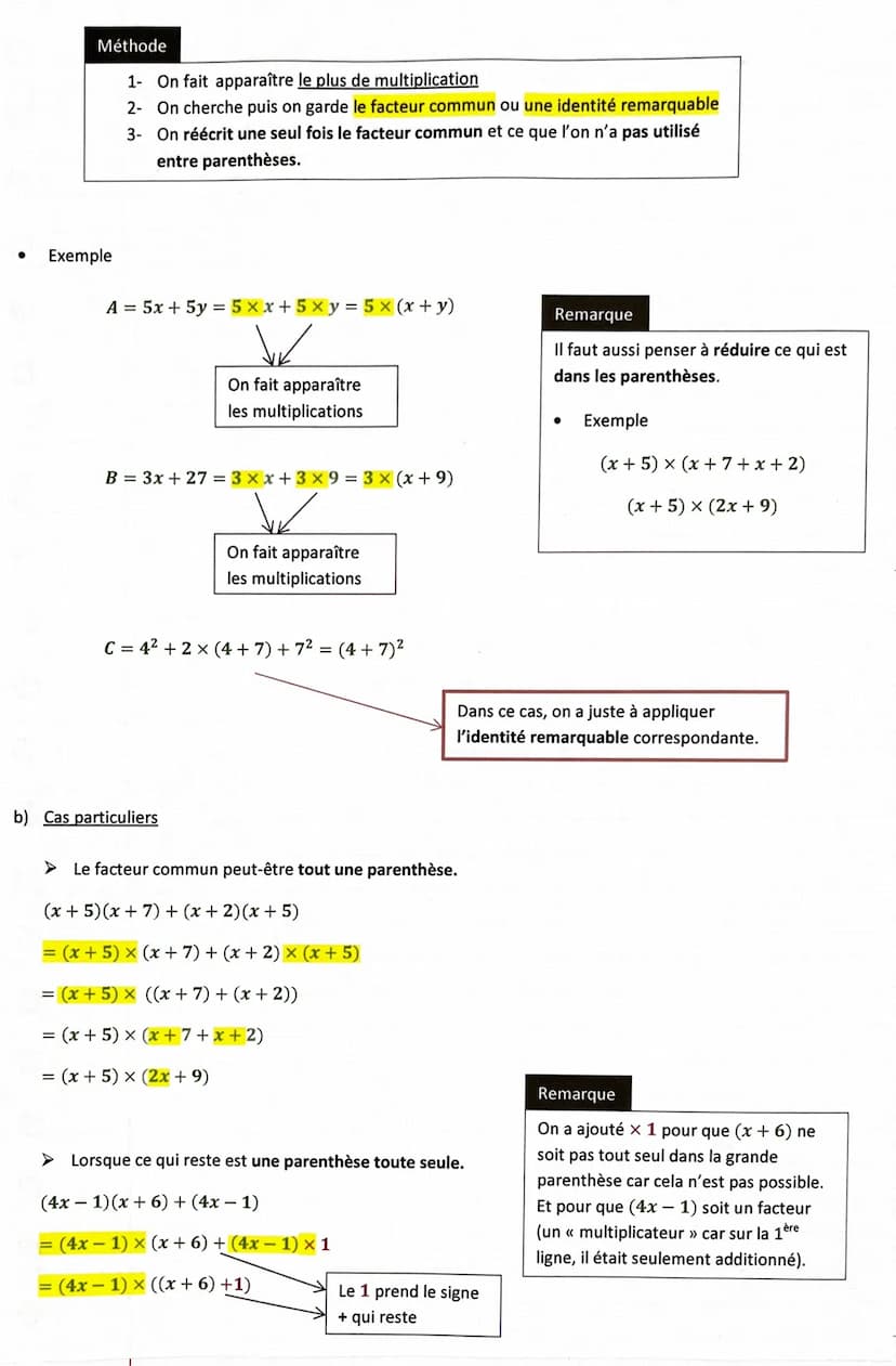 I.
Thème 1: Chapitre 3 : Calcul littéral (développements, factorisations)
Principales règles pour le calcul littéral
1) Suppression de paren