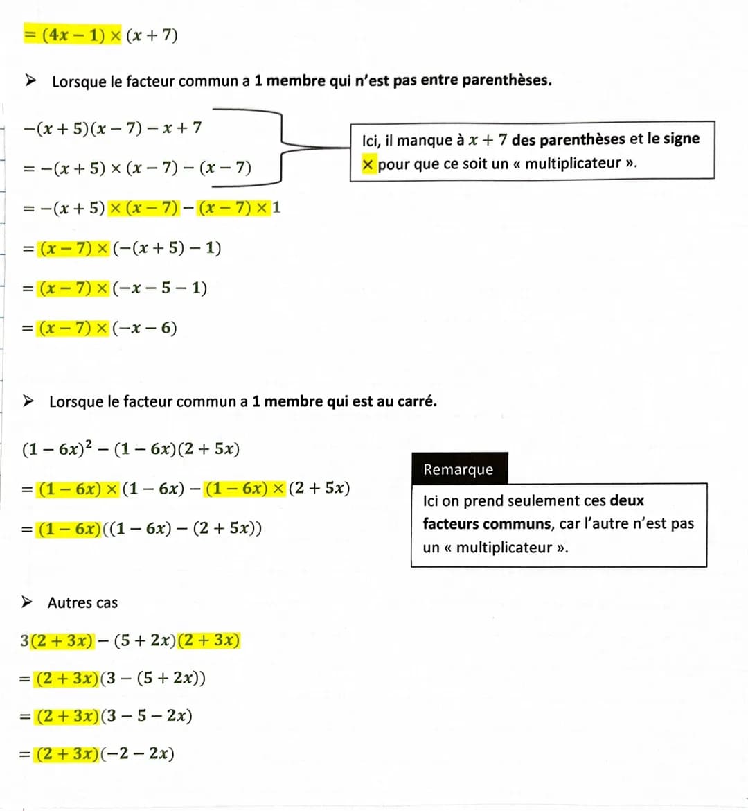 I.
Thème 1: Chapitre 3 : Calcul littéral (développements, factorisations)
Principales règles pour le calcul littéral
1) Suppression de paren