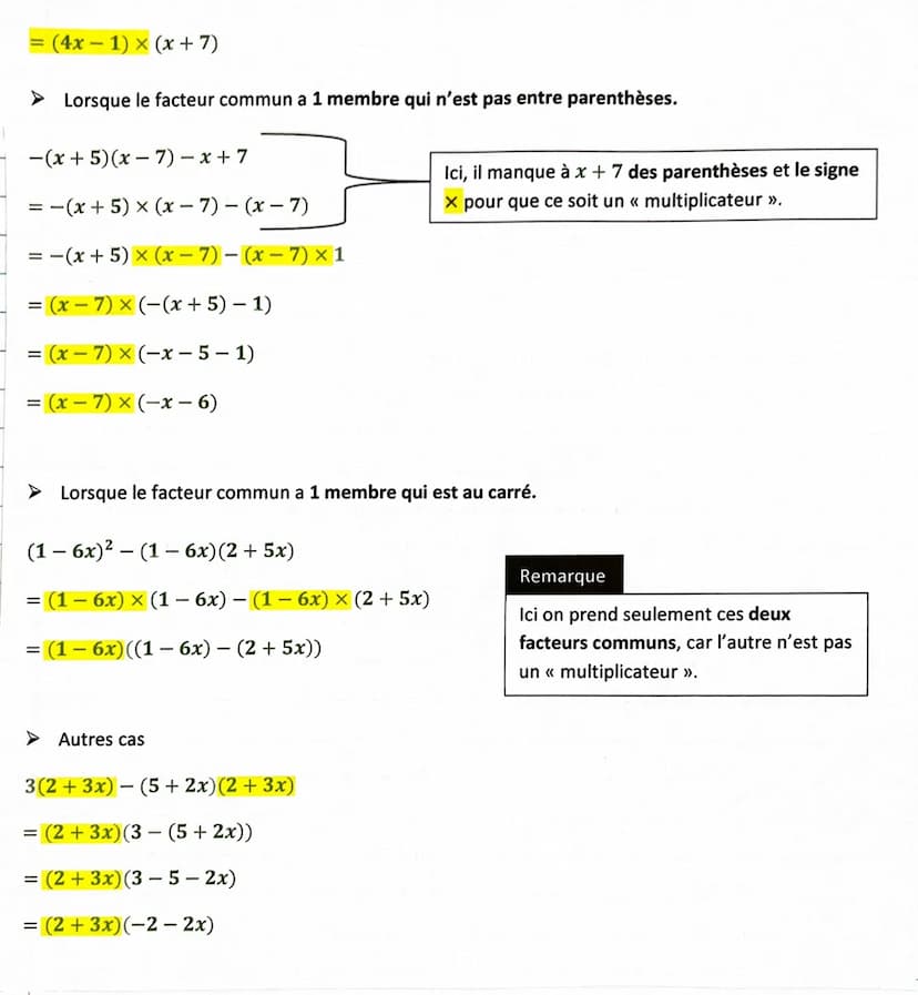 I.
Thème 1: Chapitre 3 : Calcul littéral (développements, factorisations)
Principales règles pour le calcul littéral
1) Suppression de paren