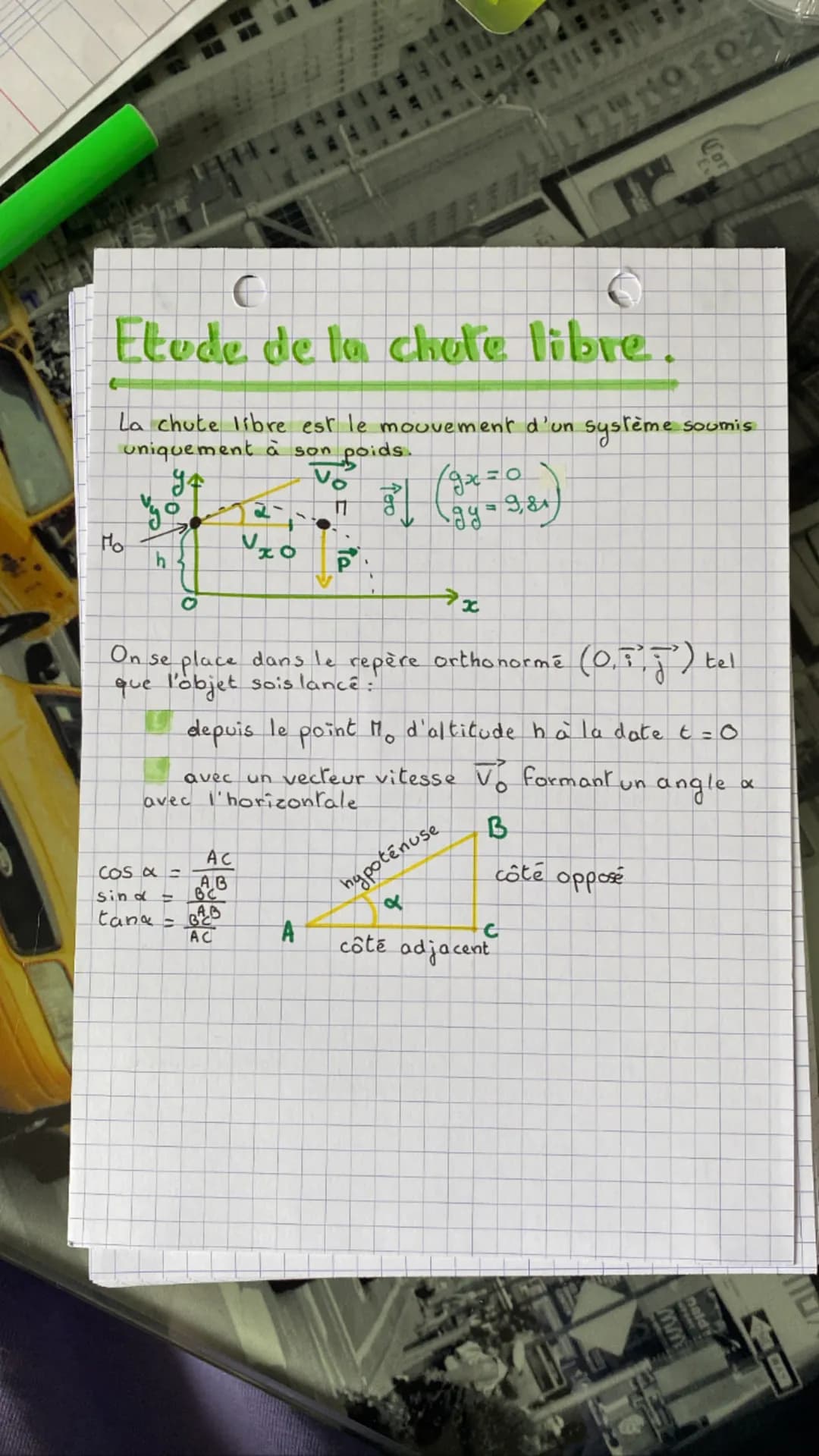 C
O
Etude de la chote libre.
€
La chute libre est le mouvement d'un système soumis
uniquement à son poids.
VO
94
11
Mo
vyo
h
O
AC
Vzo
cos α 