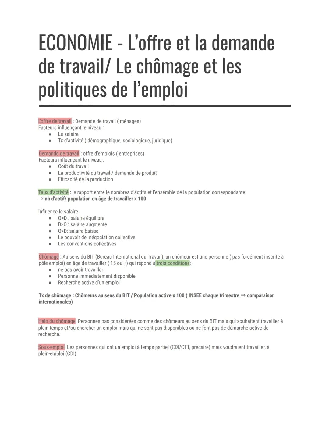 ECONOMIE
de travail/ Le chômage et les
politiques de l'emploi
L'offre de travail: Demande de travail (ménages)
Facteurs influençant le nivea