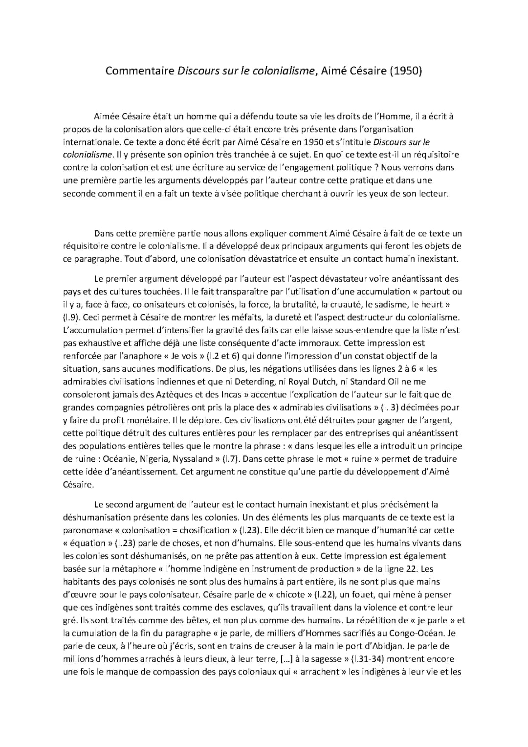 Analyse du Discours sur le Colonialisme par Aimé Césaire