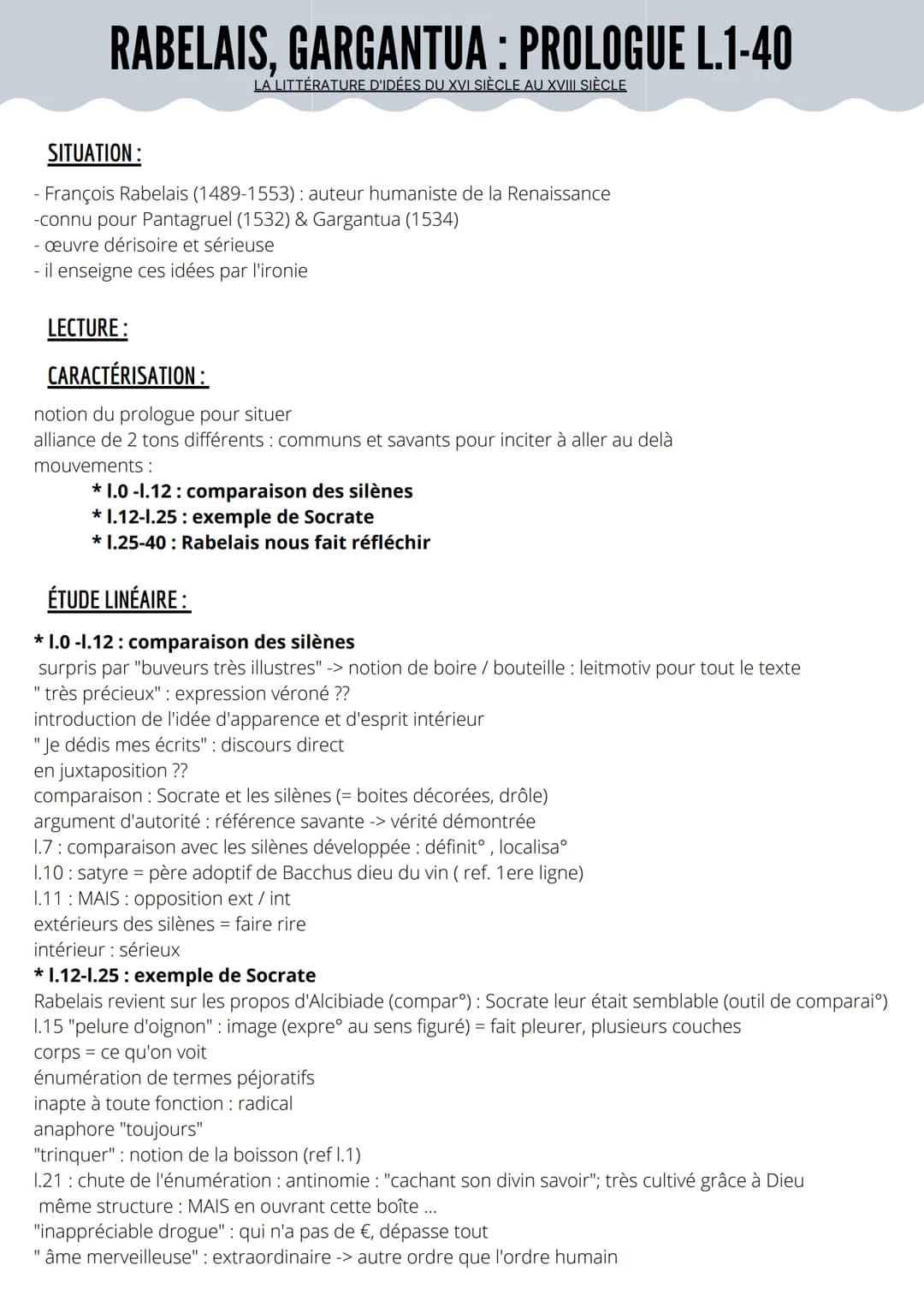 RABELAIS, GARGANTUA: PROLOGUE L.1-40
LA LITTÉRATURE D'IDÉES DU XVI SIÈCLE AU XVIII SIÈCLE
SITUATION:
- François Rabelais (1489-1553): auteur