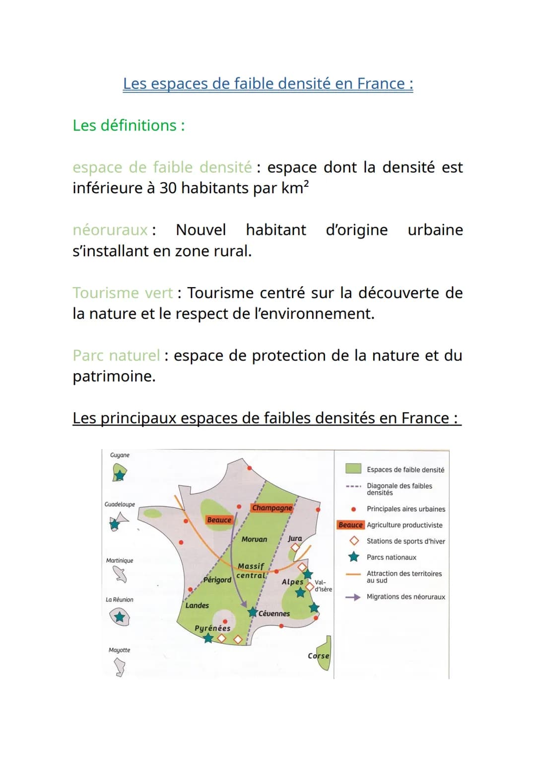 Les espaces de faible densité en France :
Les définitions:
espace de faible densité: espace dont la densité est
inférieure à 30 habitants pa