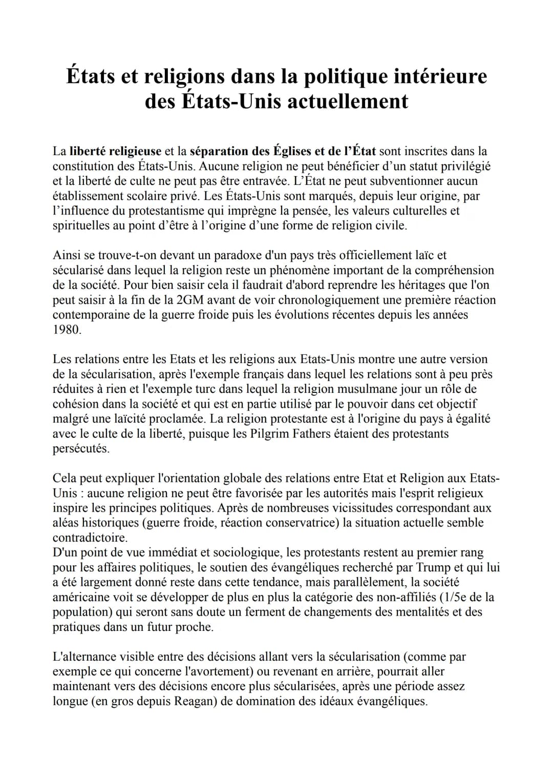 États et religions dans la politique intérieure
des Etats-Unis actuellement
La liberté religieuse et la séparation des Églises et de l'État 