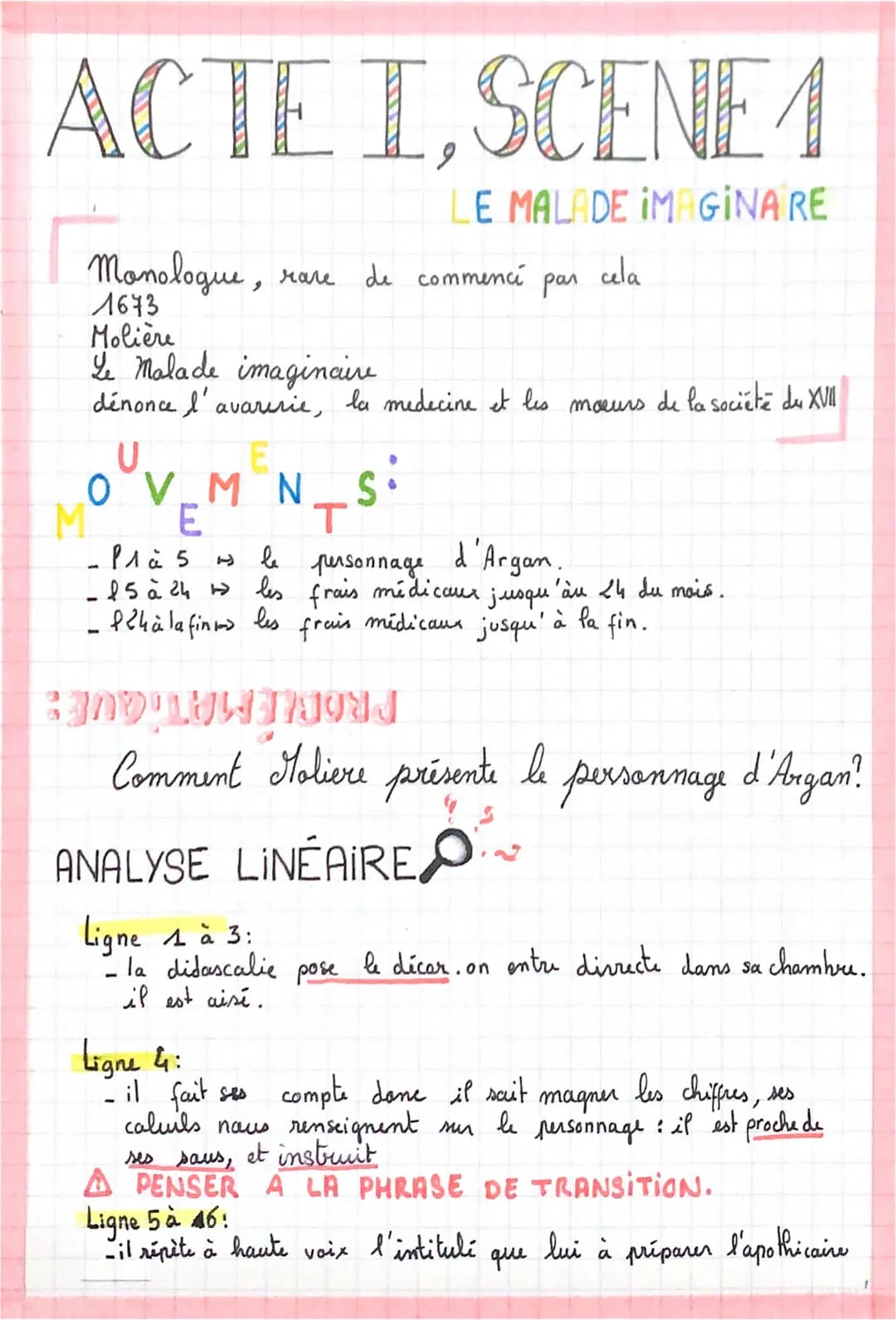 
<p>Dans cette scène, Molière présente le personnage d'Argan à travers un monologue. On découvre ainsi le quotidien du personnage, ses préoc