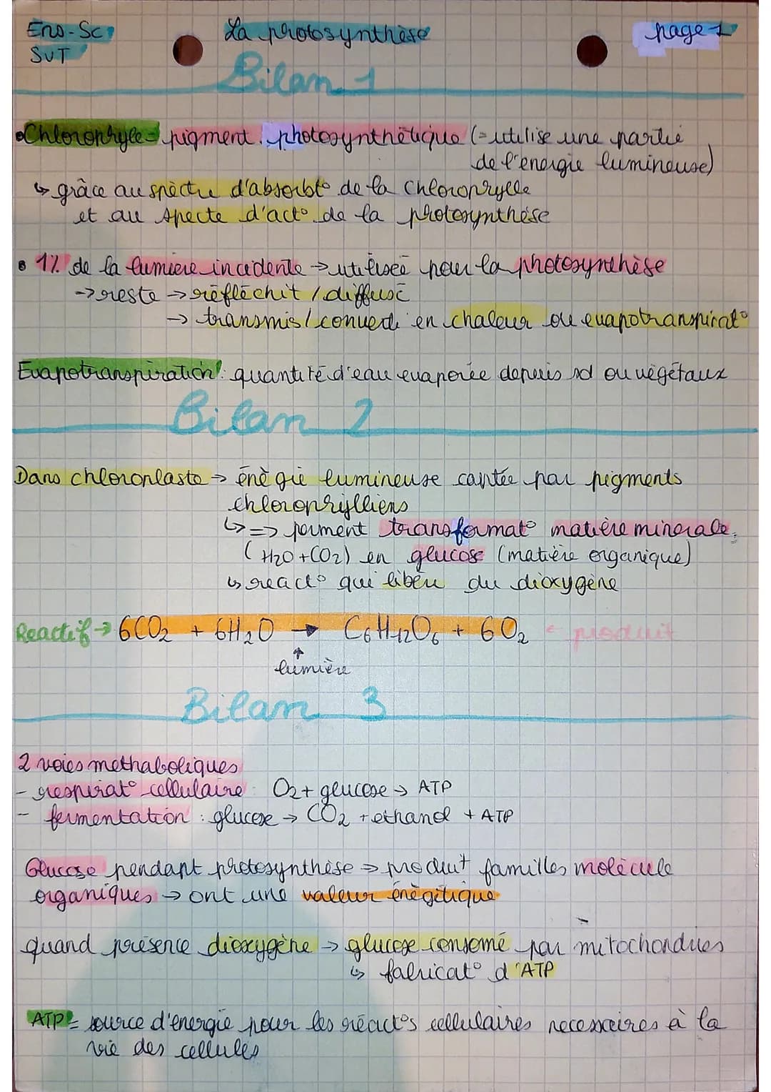 Ens-Sc
SUT
La photosynthèse
Bilan 1
Chlorophyle pigment photosynthétique (= utilise une partie
de l'energie lumineuse)
grâce au spectre d'ab
