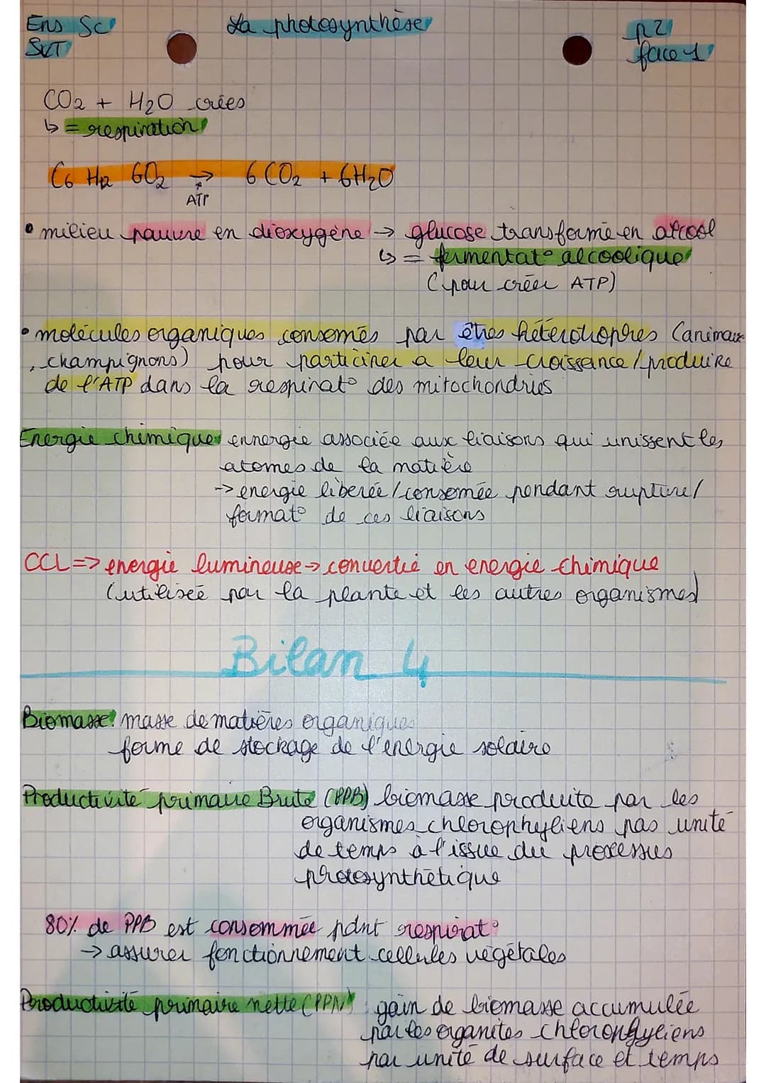 Ens-Sc
SUT
La photosynthèse
Bilan 1
Chlorophyle pigment photosynthétique (= utilise une partie
de l'energie lumineuse)
grâce au spectre d'ab