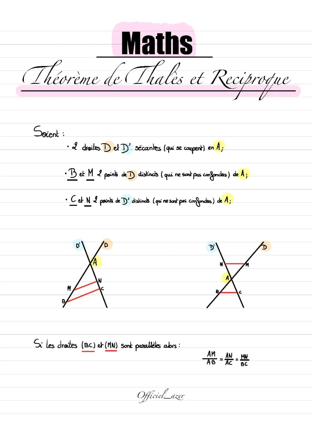 Théorème de Thales et Réciproque 