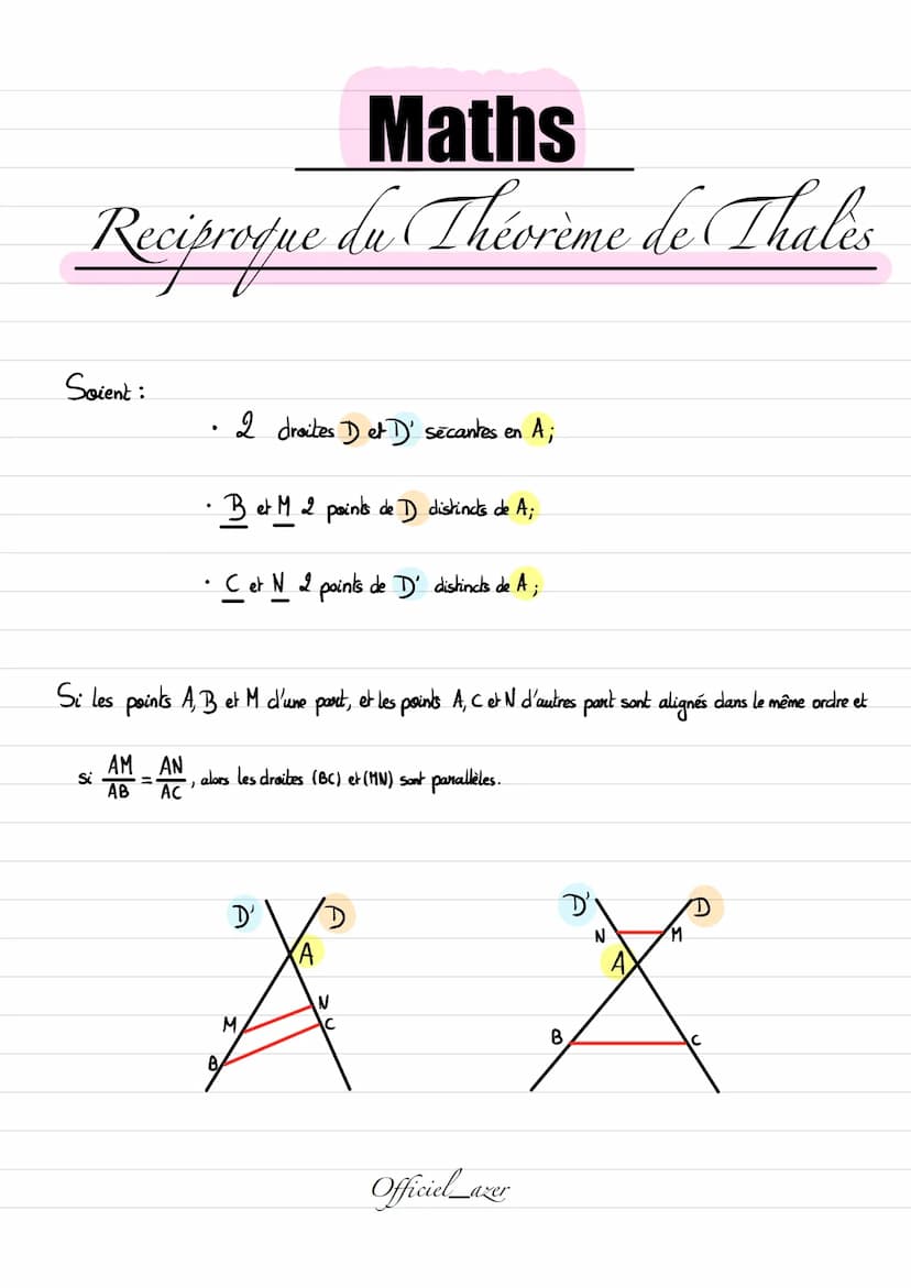 Maths
Théorème de Thales et Reciproque
Soient :
• 2 droites D et D' secantes (qui se coupent) en A;
•Bet M 2 points de 7 distincts ( qui ne 