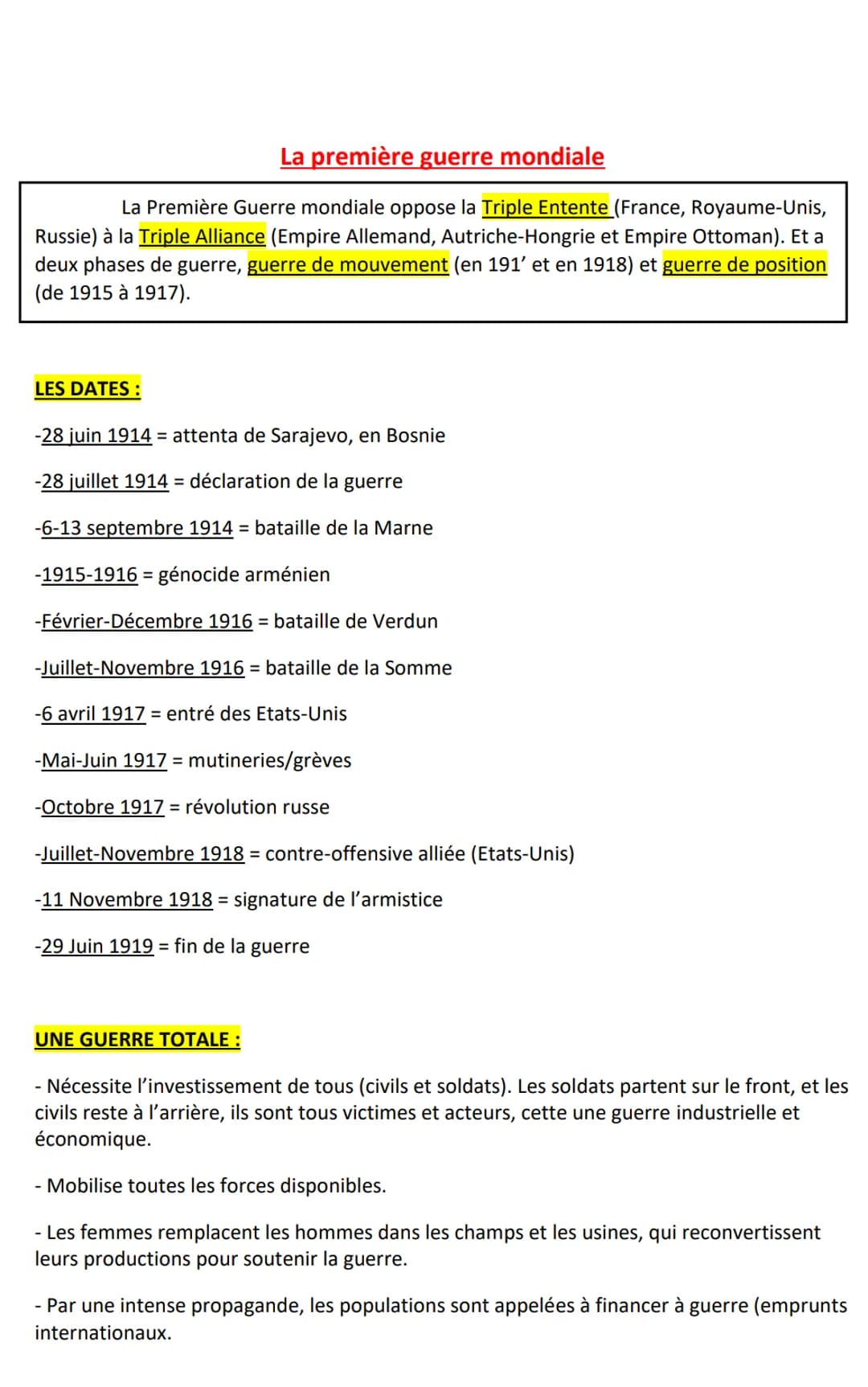 La première guerre mondiale
La Première Guerre mondiale oppose la Triple Entente (France, Royaume-Unis,
Russie) à la Triple Alliance (Empire