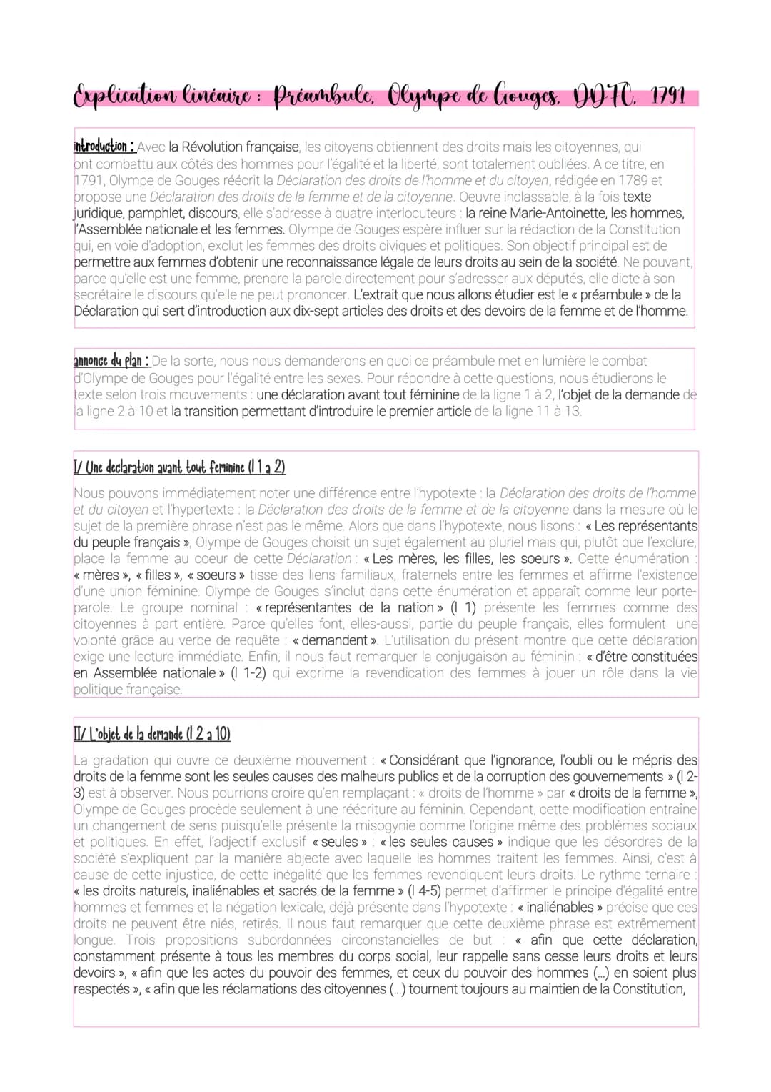 Explication Cinéaire : Préambule, Olympe de Gouges. 99FC. 1791
introduction : Avec la Révolution française, les citoyens obtiennent des droi