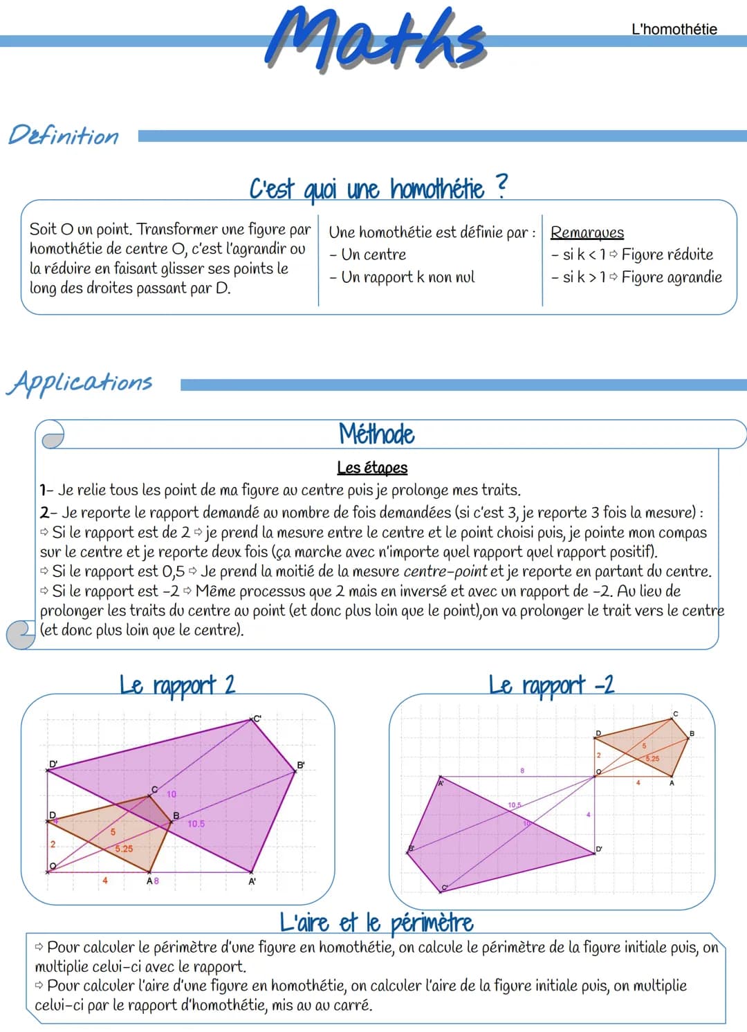 Definition
C'est quoi une homothétie ?
Soit O un point. Transformer une figure par Une homothétie est définie par : Remarques
homothétie de 