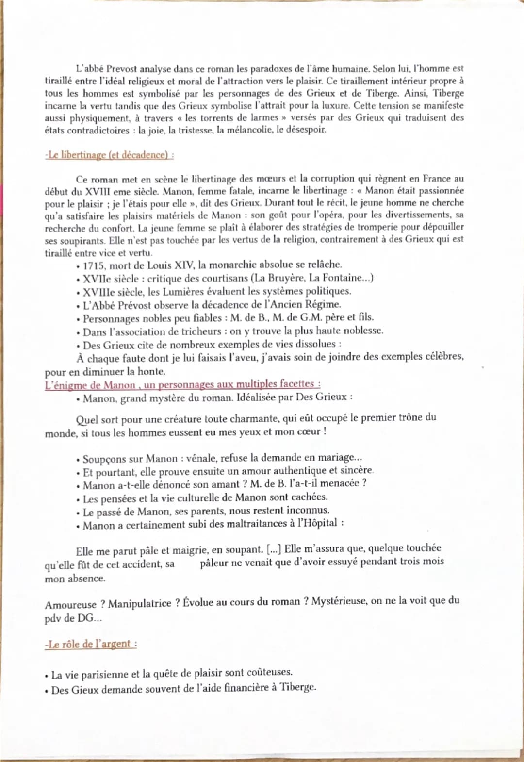 Manon Lescaut
Amorce
Le personnage de roman est un être de papier crée de tout pièce par l'auteur. Il peut faire le
bien ou le mal. En 1731,