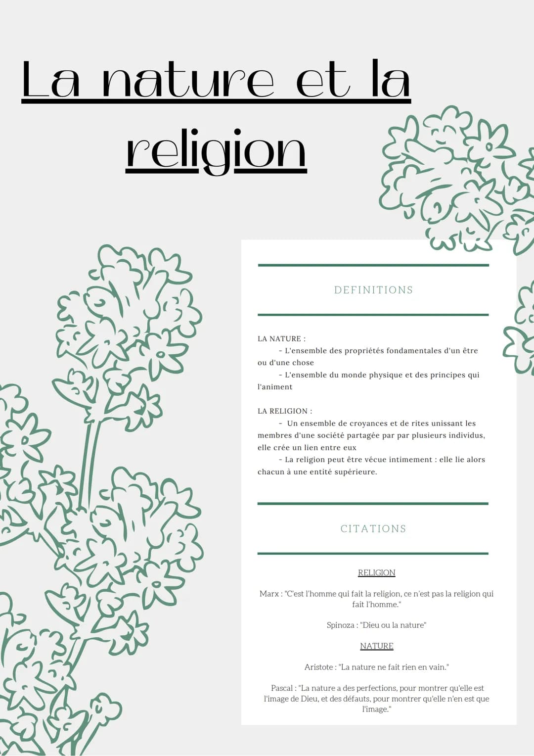 La nature et la
religion
LA NATURE :
ou d'une chose
DEFINITIONS
- L'ensemble des propriétés fondamentales d'un être
l'animent
- L'ensemble d