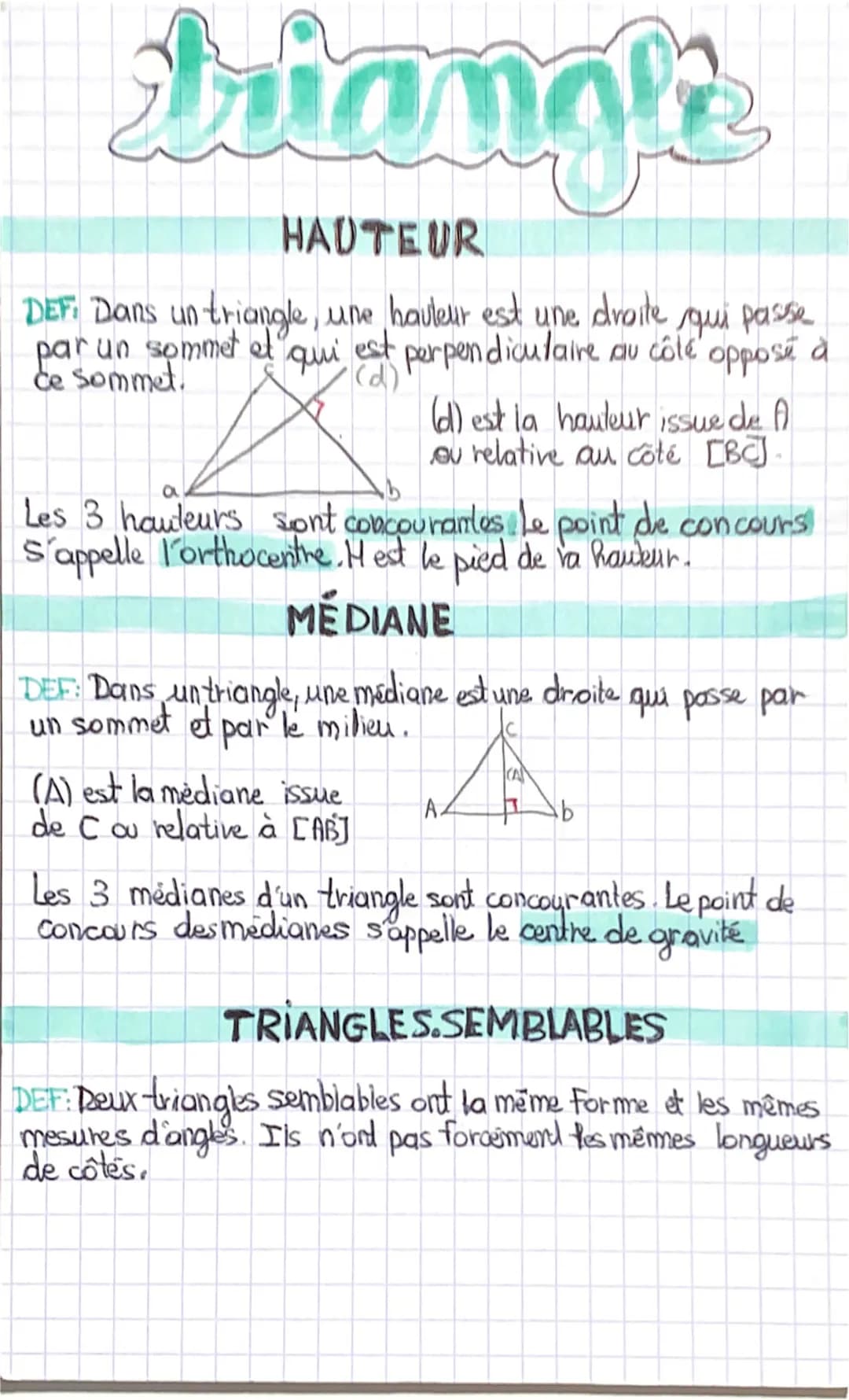 triang's
HAUTEUR
DEF. Dans un triangle, une hauteur est une droite
par un sommet et
ce sommet.
qui passe
qui est perpendiculaire au côté opp