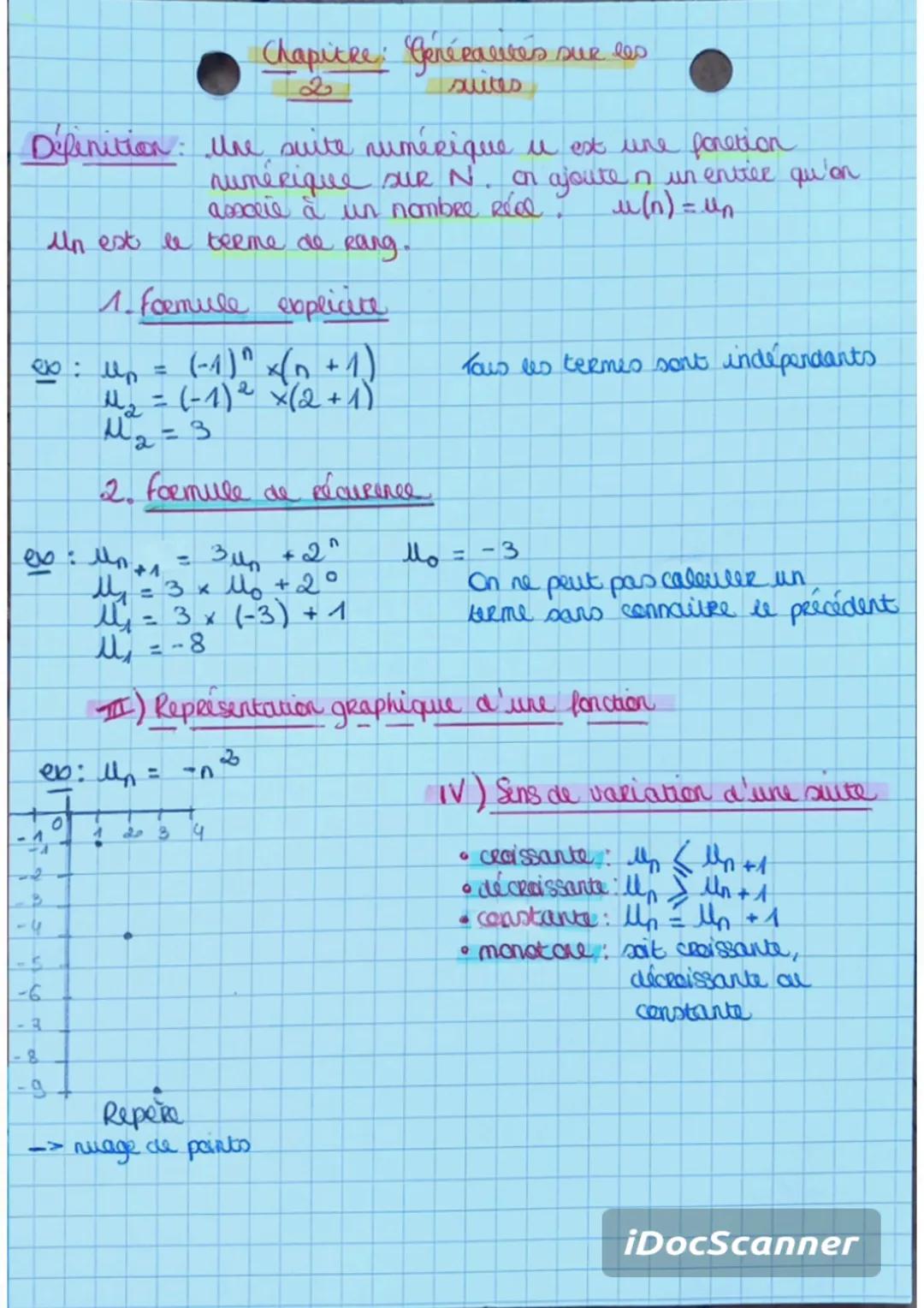 Définition: Une suite numérique u est une fonetion
numérique sur N. on ajouten un entier qu'on
assoie à un nombre Réel
u(n) = un
un est le t