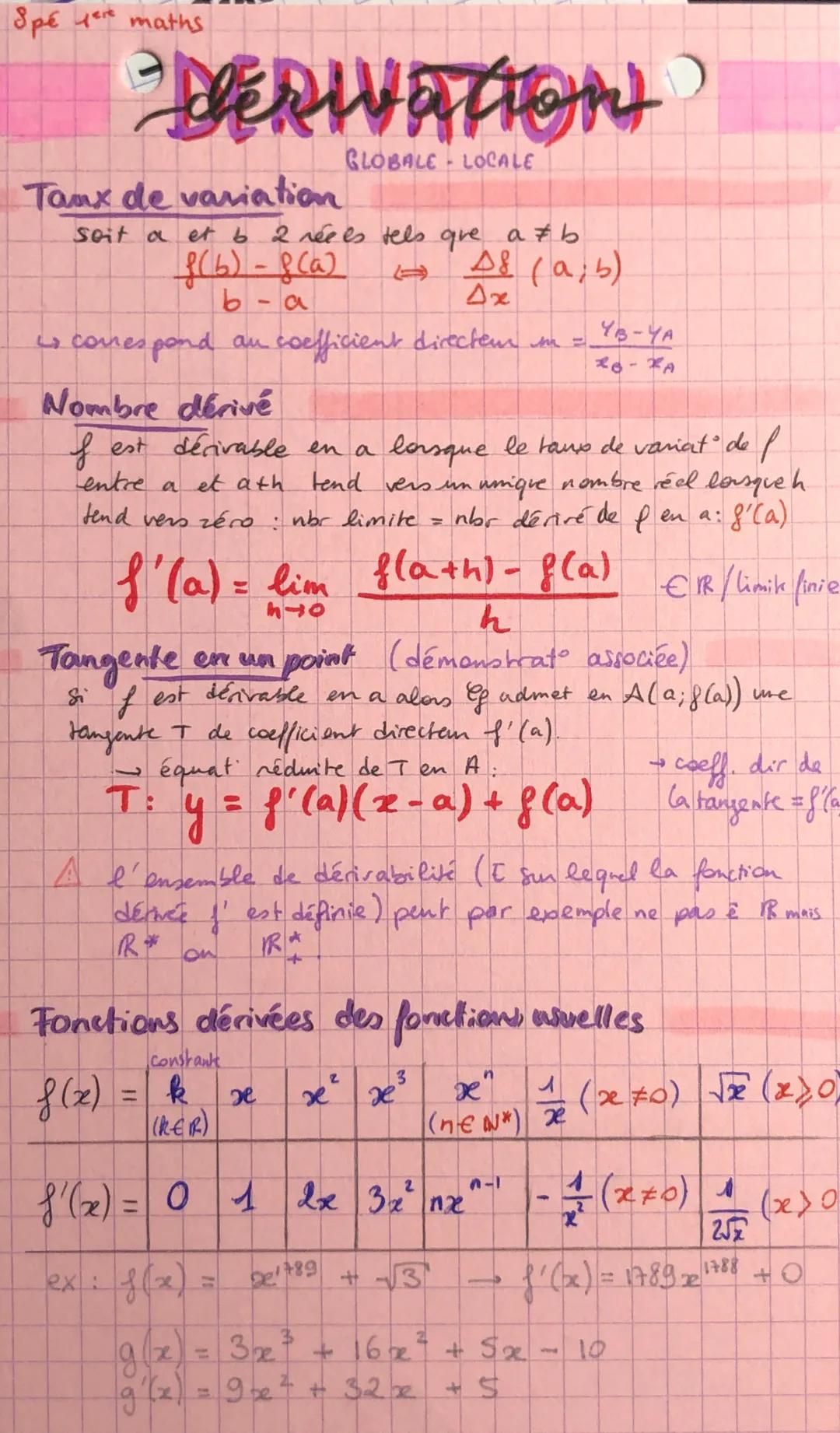 # Spé 1er maths

# DERIVATION

GLOBALE LOCALE

# Taux de variation

Soit a et b 2 réels tels que a≠ b

$\frac{f(b)-f(a)}{b-a} \rightarrow \f