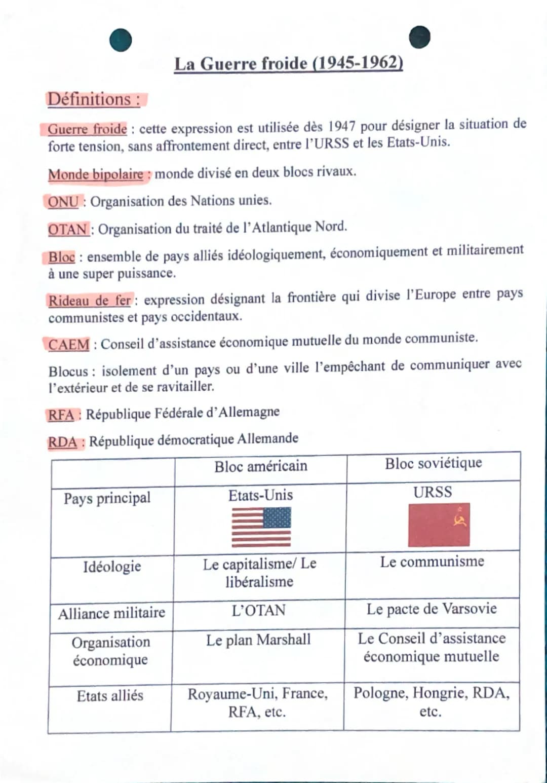 # La Guerre froide (1945-1962)

**Définitions :**

Guerre froide : cette expression est utilisée dès 1947 pour désigner la situation de
fort