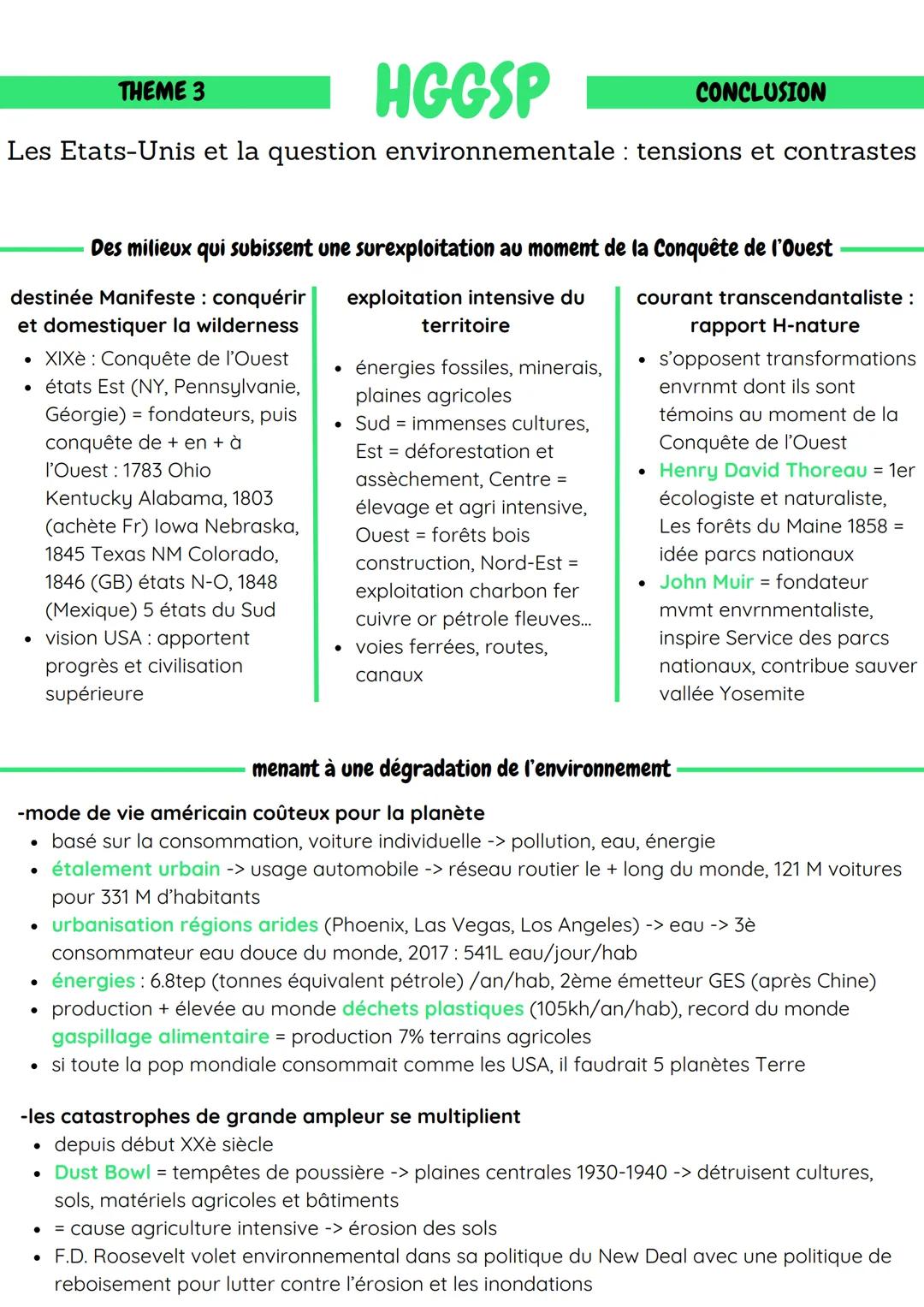 --- OCR Start ---
THEME 3
HGGSP
CONCLUSION
Les Etats-Unis et la question environnementale: tensions et contrastes
Des milieux qui subissent 
