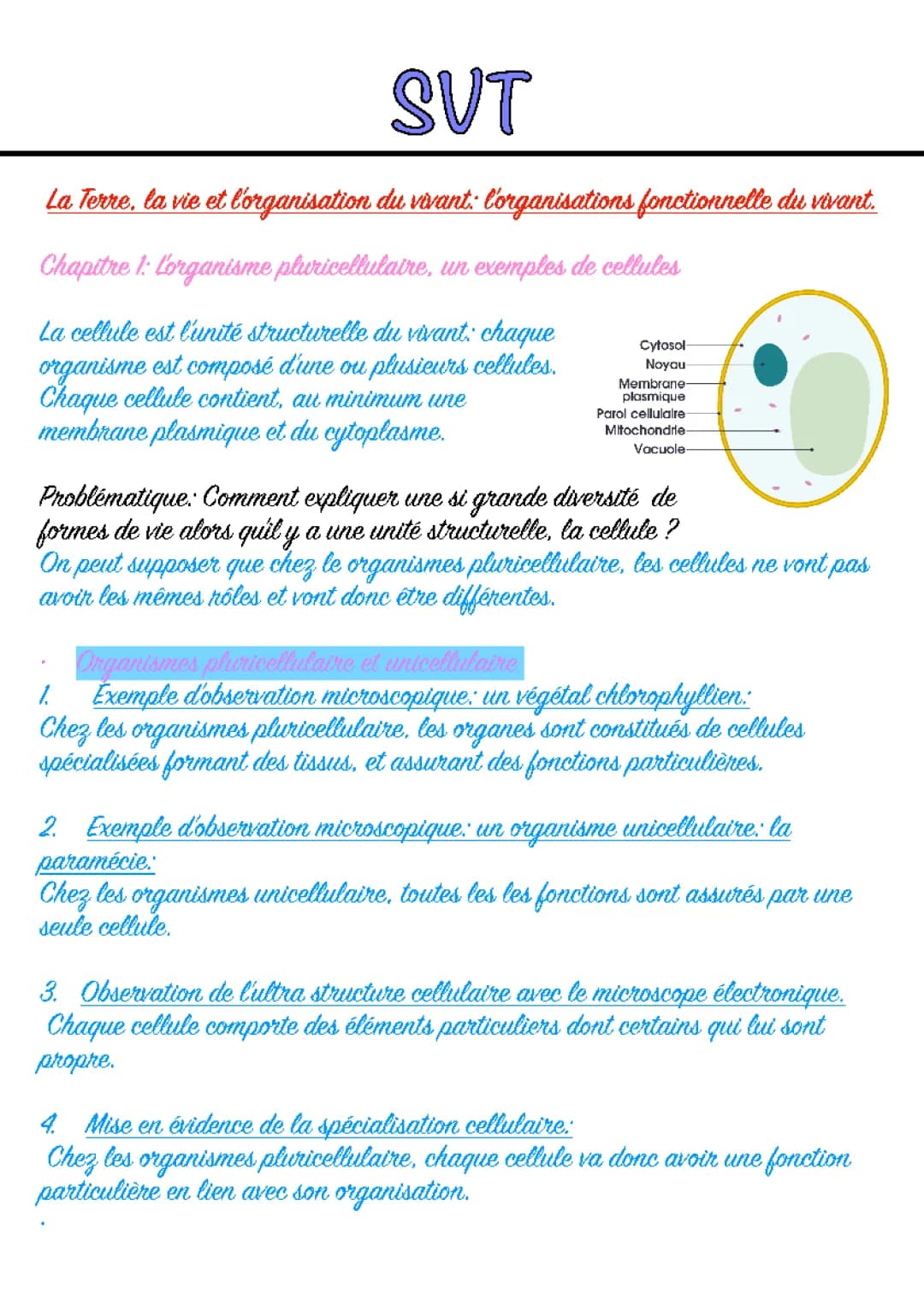 Fiche de Révision: Organisation Fonctionnelle du Vivant - SVT Seconde