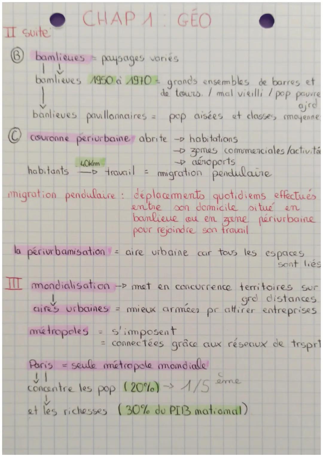 CHAP 1 GEO
I
A fin 2⁰ GM = France forte croissance urbaine
85% de la pop habite dans une aire urbaine
alors que 1945
1945 →→ 53% d'urbains
c