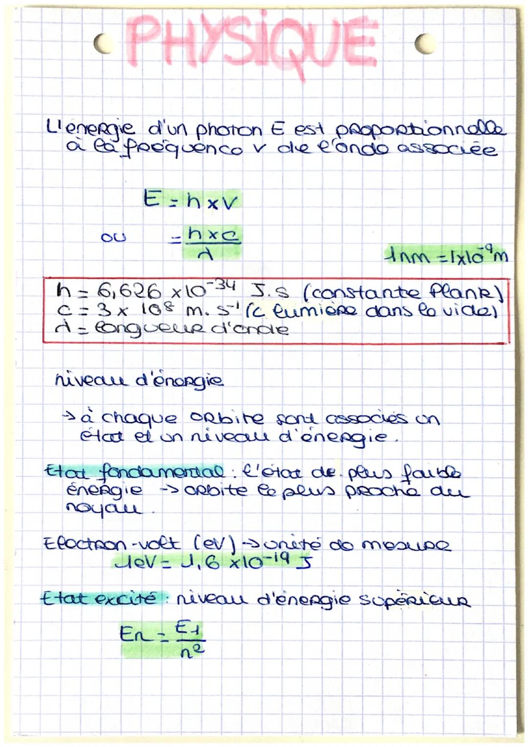 PHYSIQUE
L'energie d'un photon E est proportionnelle
à la fréquenco v de fondo associée
OU
E=hxv
-hxe
d
C
1nm = 1x10 m
h = 6,626 x 10-34 J. 