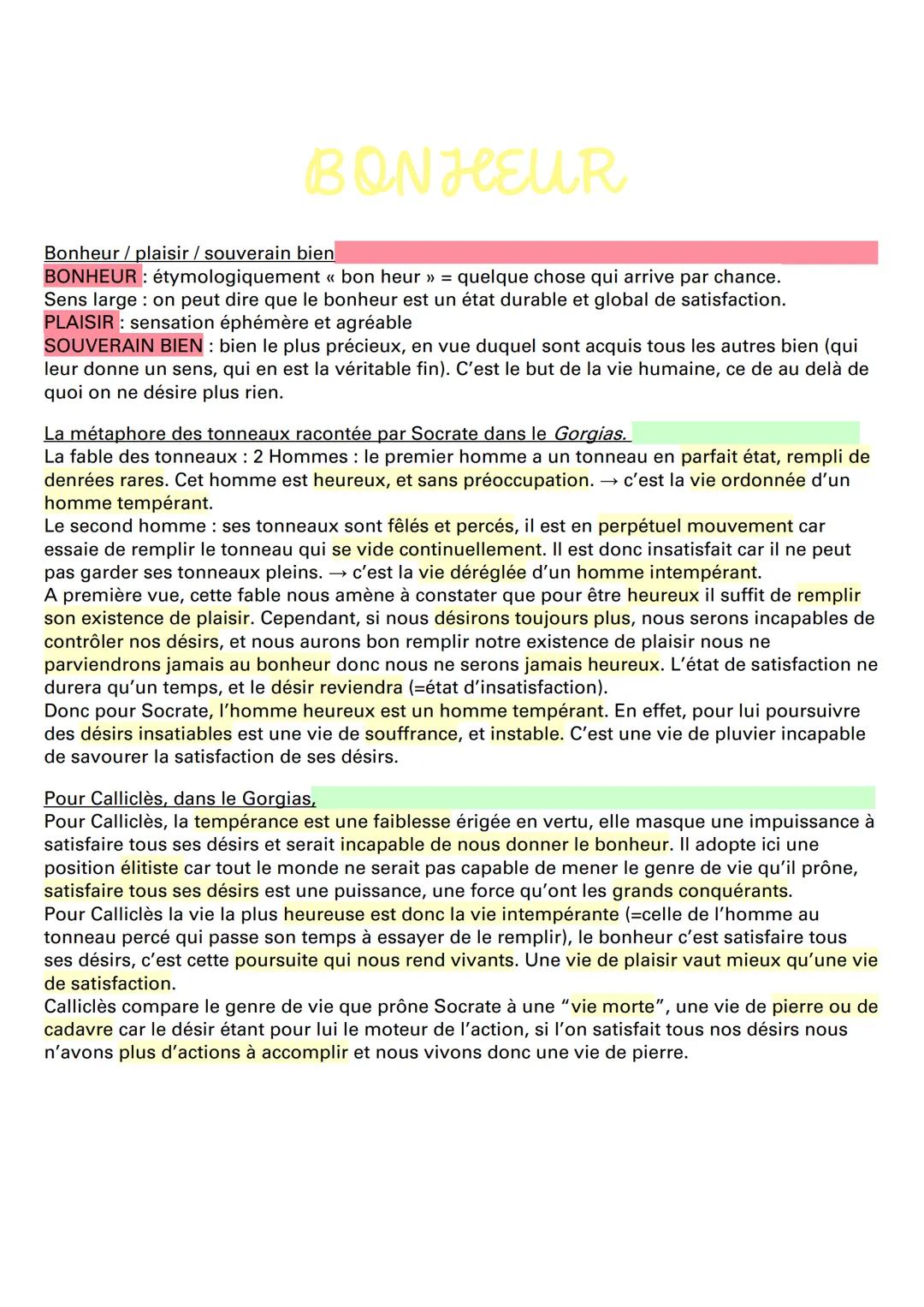 BONHEUR
Bonheur / plaisir / souverain bien
BONHEUR : étymologiquement << bon heur »> = quelque chose qui arrive par chance.
Sens large : on 
