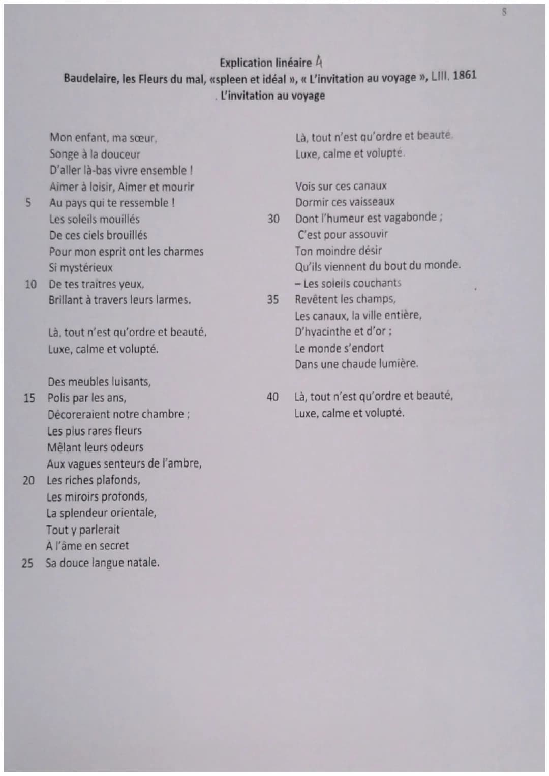 5
Explication linéaire 4
Baudelaire, les Fleurs du mal, «spleen et idéal », « L'invitation au voyage », LIII. 1861
L'invitation au voyage
Mo