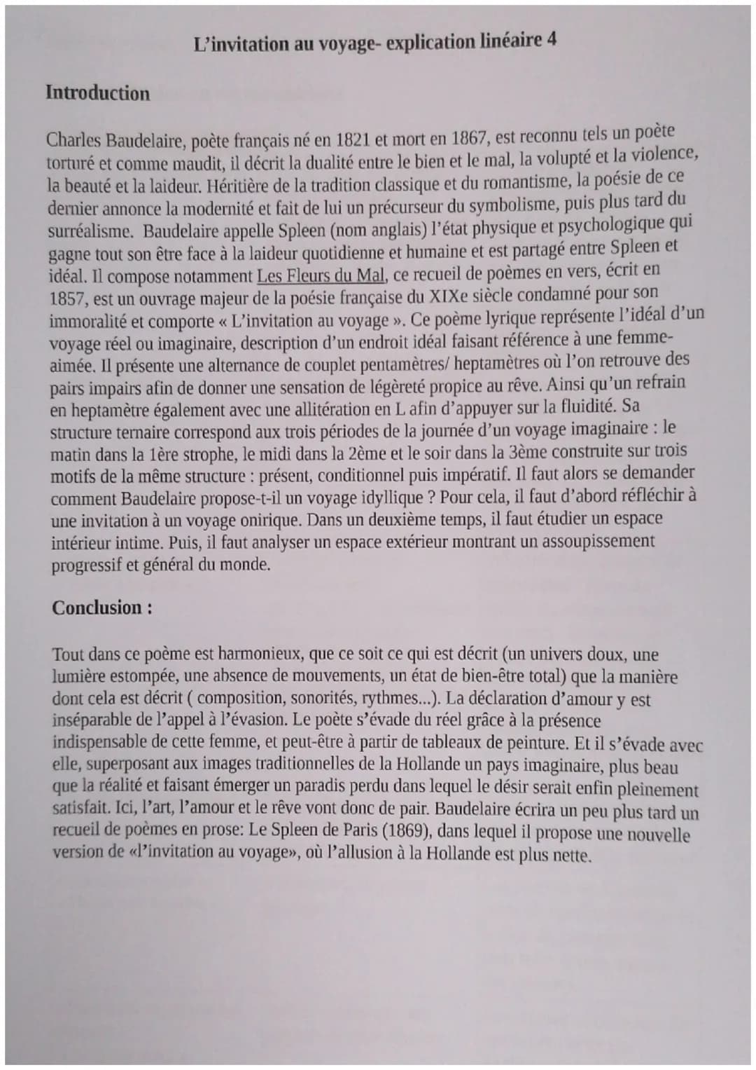 5
Explication linéaire 4
Baudelaire, les Fleurs du mal, «spleen et idéal », « L'invitation au voyage », LIII. 1861
L'invitation au voyage
Mo