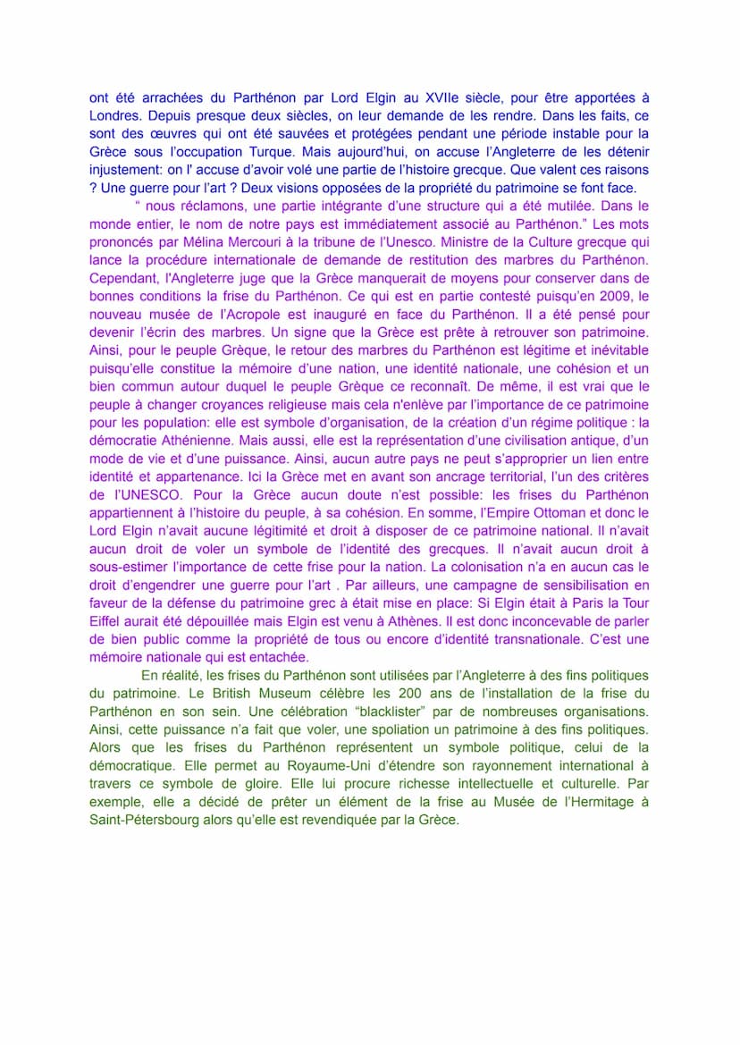 La restitution des œuvres d'art, le cas de la frise du Parthénon
(débat, Magnard, pp. 232 - 233)
Pourquoi le conflit autour des frises du Pa