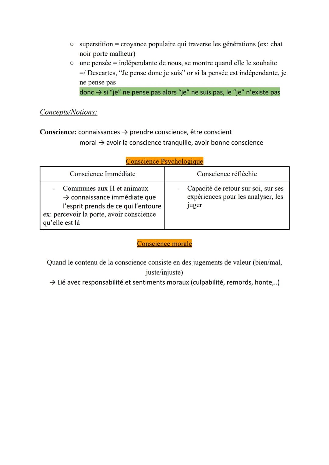 Chapitre 2: Conscience, Inconscient,
Liberté
Philosophes:
●
Descartes: Projet = rechercher la vérité
O doute de tout, si qq chose résiste au