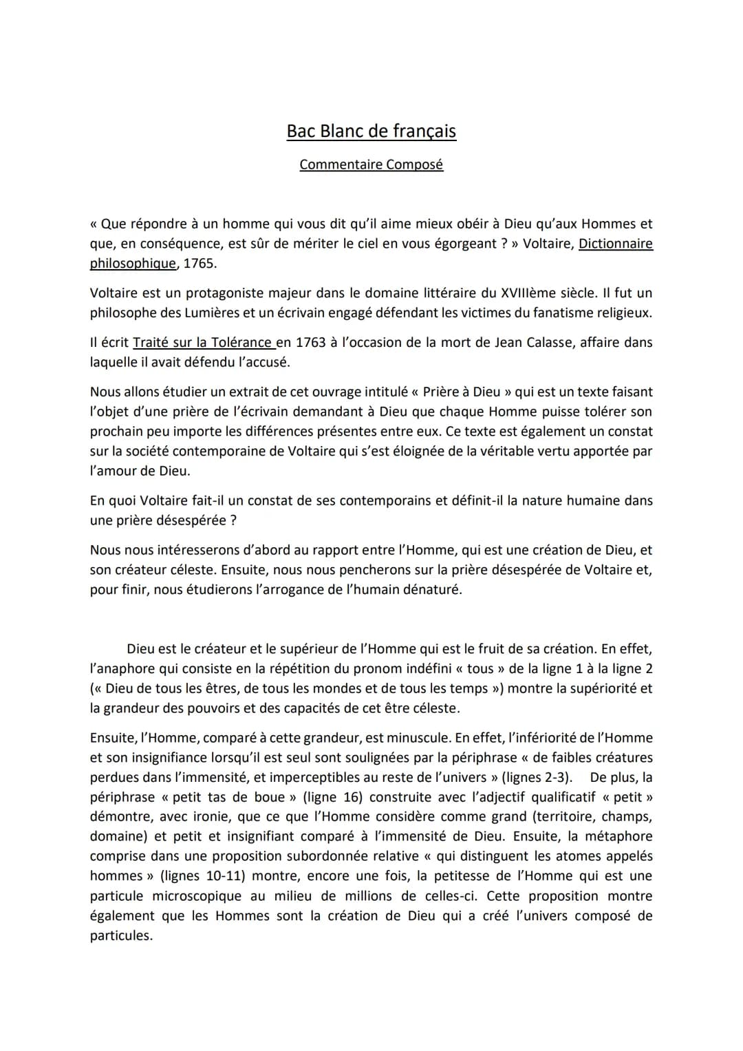 Bac Blanc de français
Commentaire Composé
<< Que répondre à un homme qui vous dit qu'il aime mieux obéir à Dieu qu'aux Hommes et
que, en con