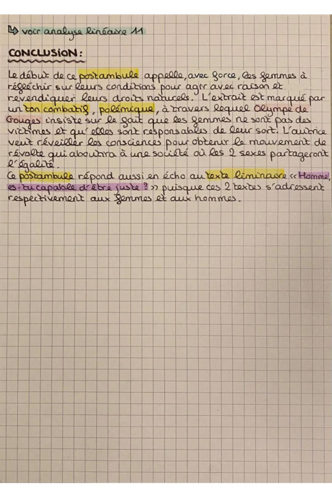 Postambule Olympe de Gouges Analyse linéaire PDF, Préambule Texte Résumé