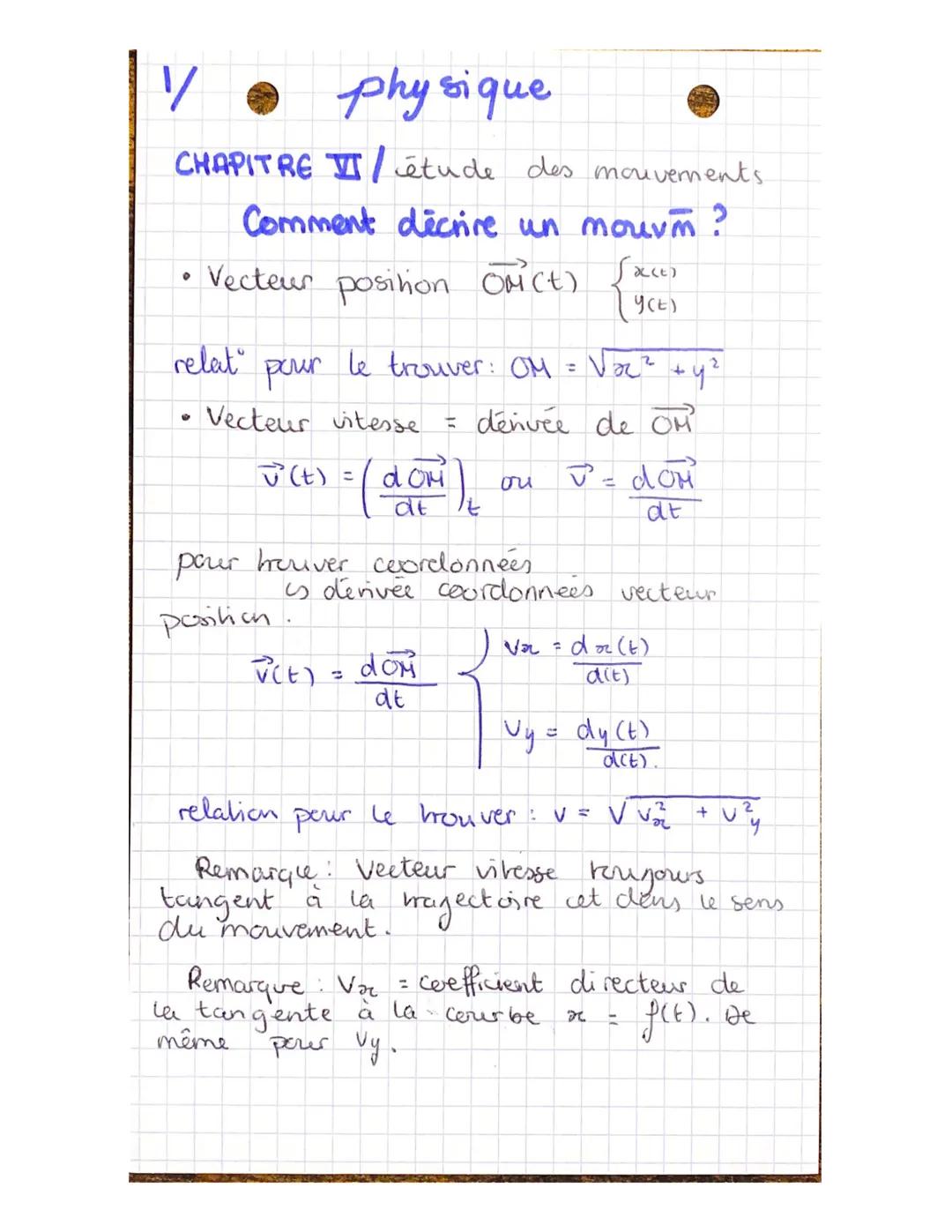 1
CHAPITRE I/étude
。
physique
relat
6
des mouvements.
Comment décrire un mouvm?
Vecteur position OM(t) {xce)
Y(E)
le trouver: OM = √₂₂ ² + y