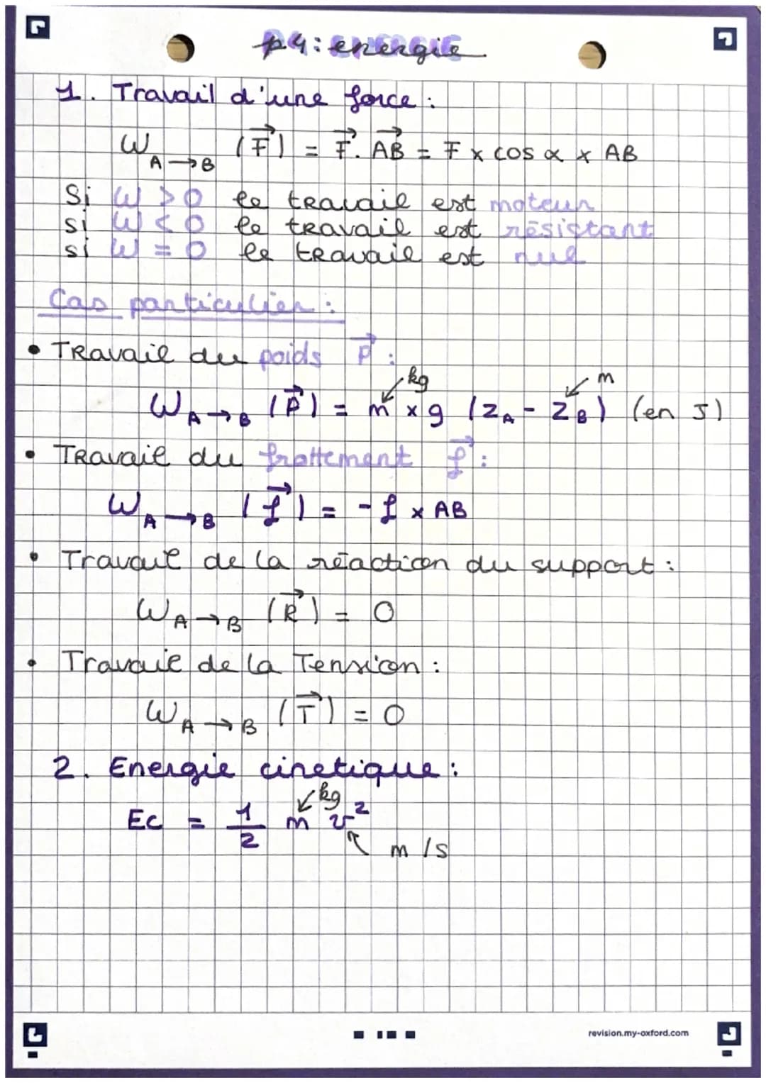 G
p4: energie
1. Travail d'une force:
AB
W
Si W >0
si w so
si w
0
(F) = F. AB = F x cos α x AB
le travail est moteur
le travail est résistan