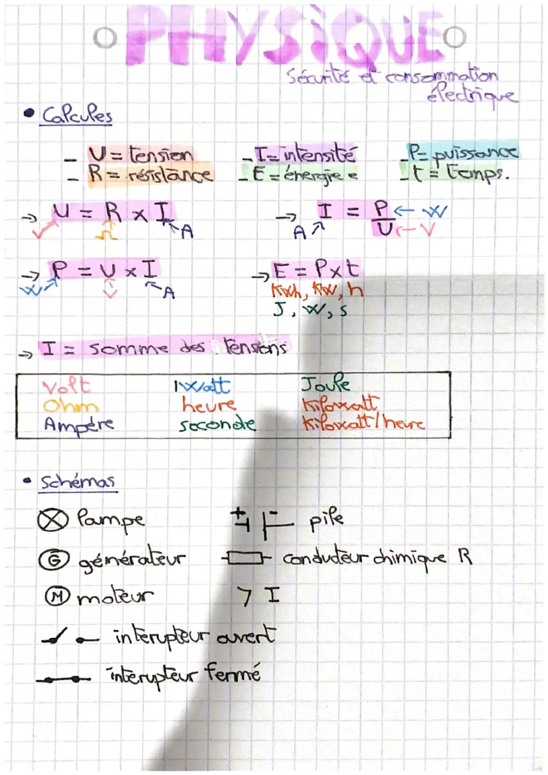 •Calcules
ก
OPHYSIQUE
U= tension
- R = résistance
U = R XIA
ZP.
P=UXI
C TA
I=
volt
Ampére
Schémas
Pampe
générateur
moteur
Sécurité et consom