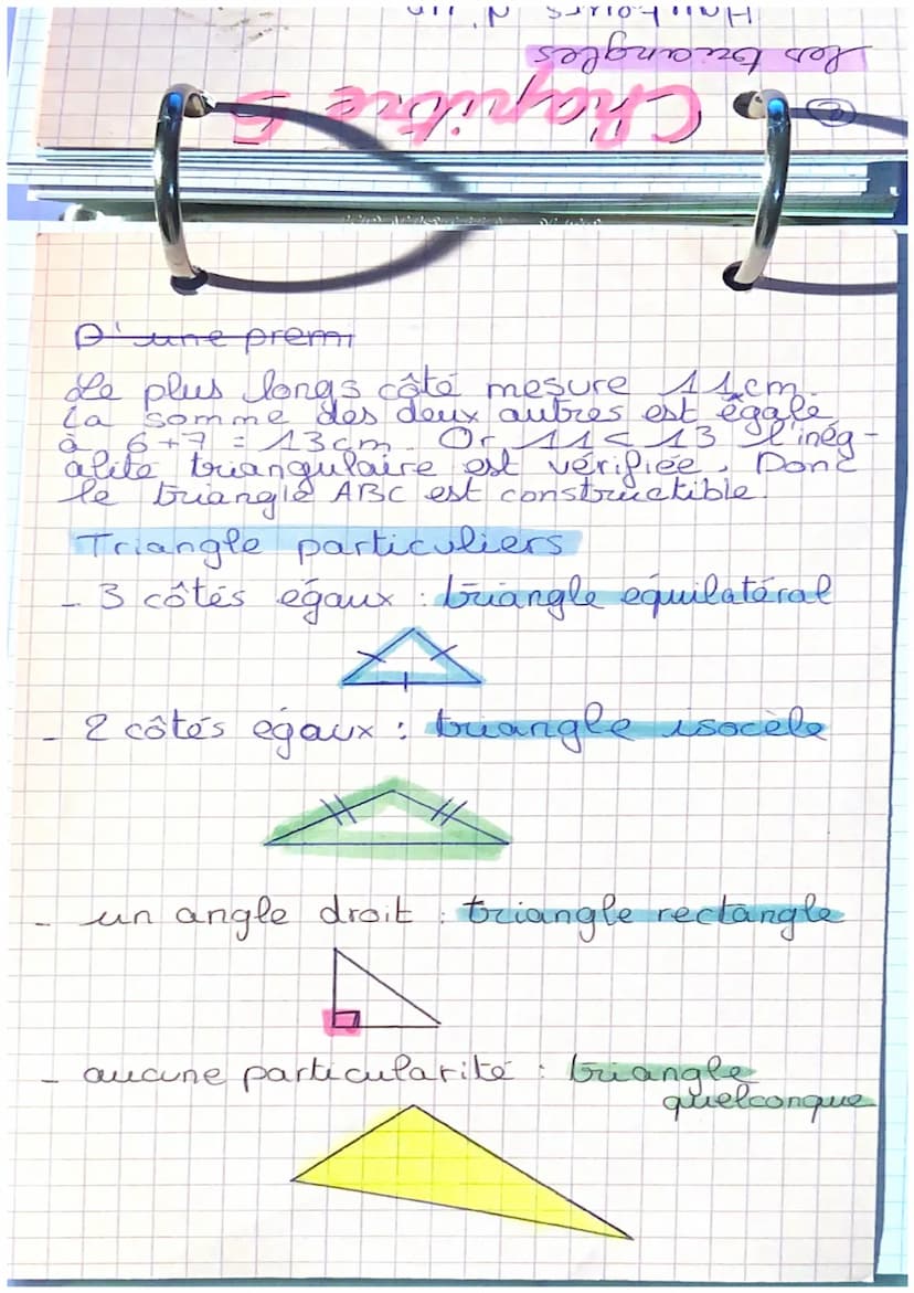 Chapitre
Les triangle:
L'inégalite
5
triangulaire
Propriete: Dant tout triangle las
longueur du plus grand côté est
inférieur à la somme des