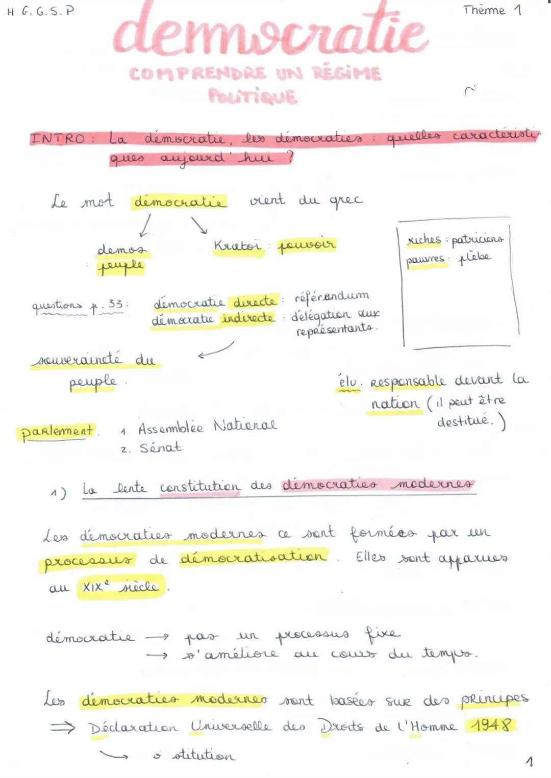 THEME 1. COMPRENDRE UN REGIME POLITIQUE : LA DEMOCRATIE.
Introduction : la démocratie, les démocraties : quelles caractéristiques aujourd'hu