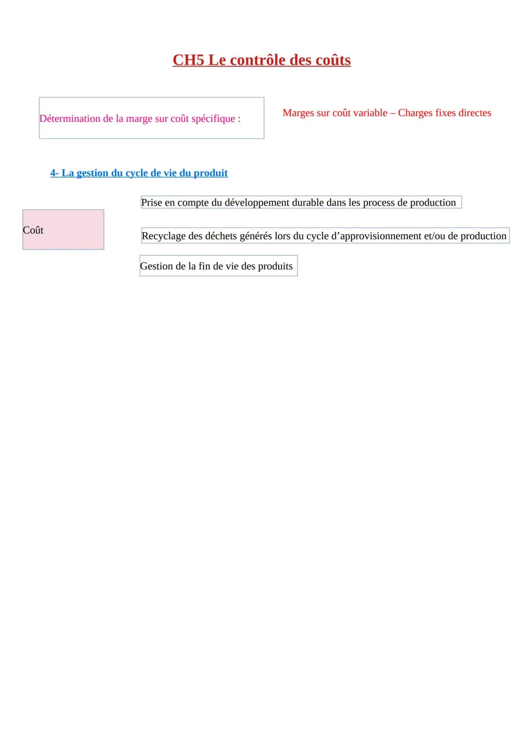 1-Le coût complet
Coût (ensemble de charges sur une période) Marges= CA-Coût partiel
Mesure une dépense ou un apprauvrissement associé à un 