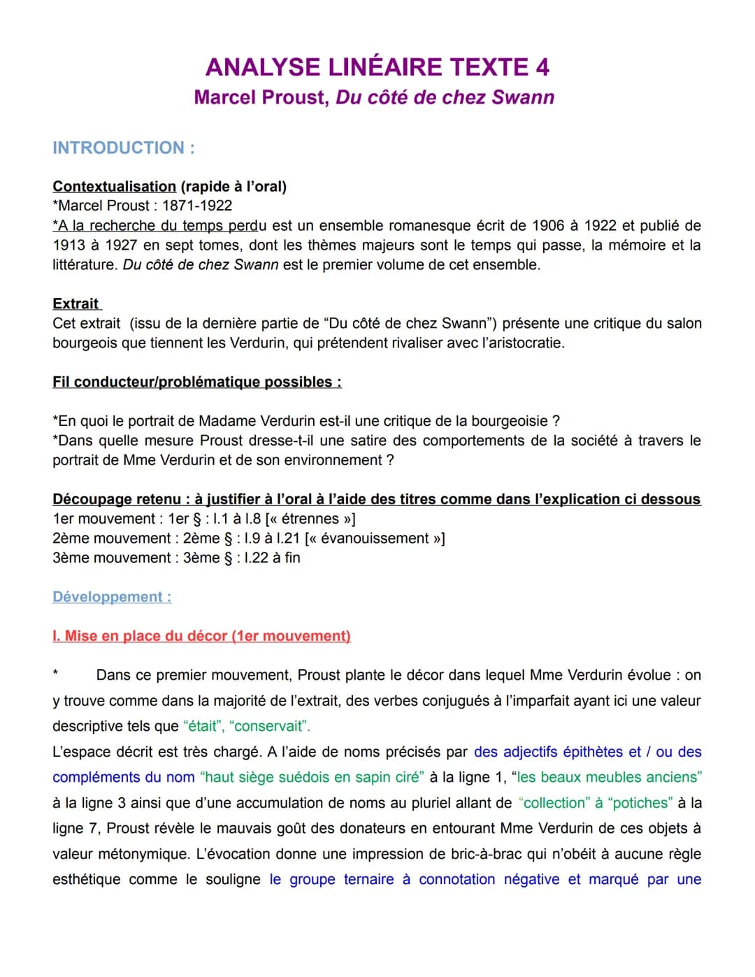 ANALYSE LINÉAIRE TEXTE 4
Marcel Proust, Du côté de chez Swann
INTRODUCTION :
Contextualisation (rapide à l'oral)
*Marcel Proust: 1871-1922
*