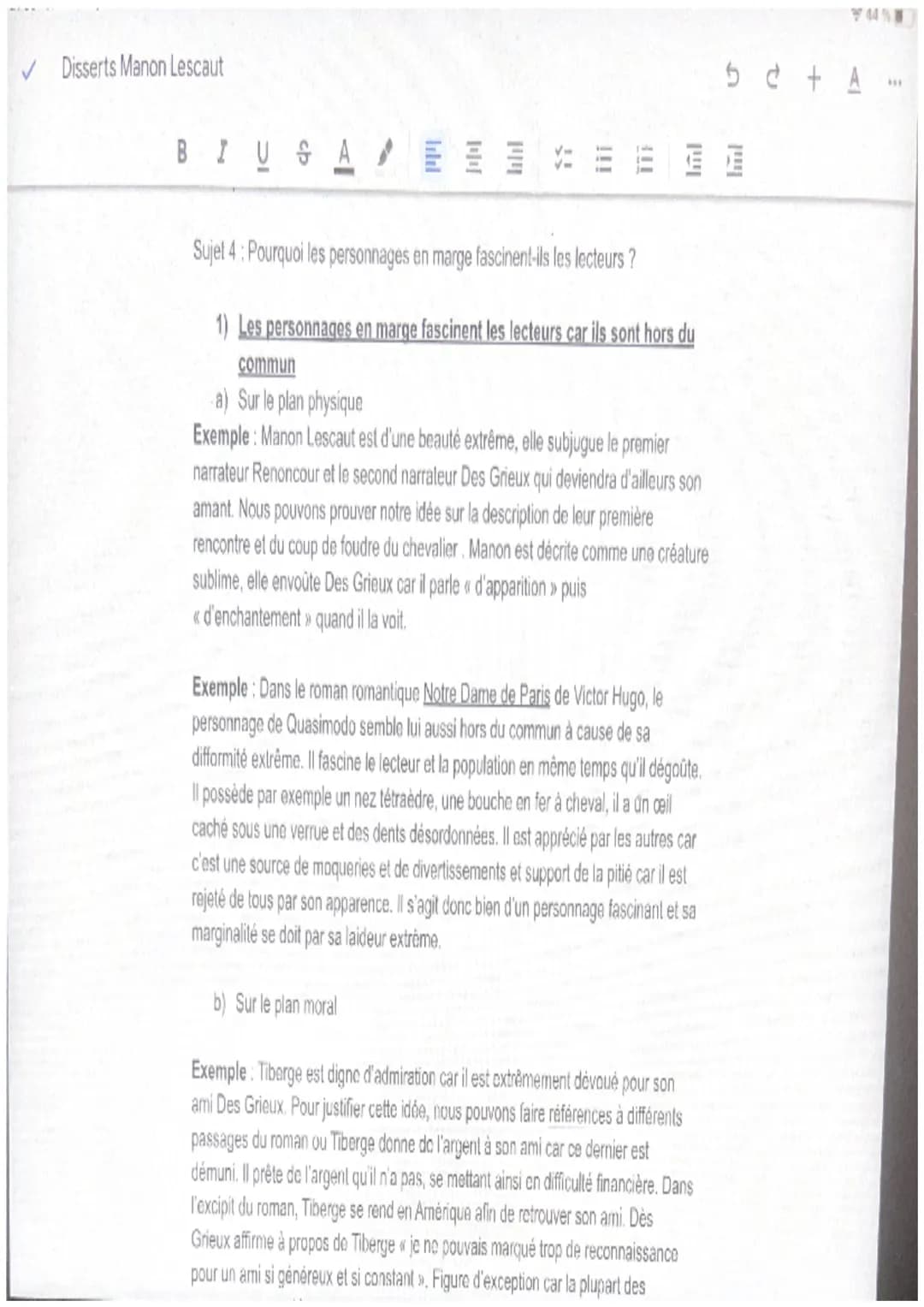 ✓ Disserts Manon Lescaut
BIUSA
Sujet 4: Pourquoi les personnages en marge fascinent-ils les lecteurs ?
1) Les personnages en marge fascinent