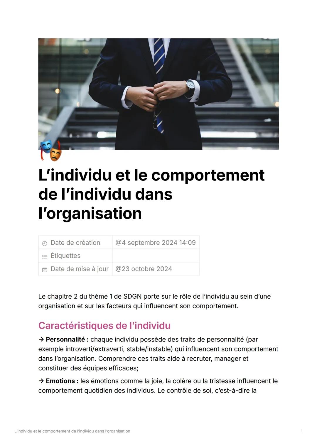 # L'individu et le comportement
de l'individu dans
l'organisation

Date de création @4 septembre 2024 14:09

= Étiquettes

Date de mise à jo