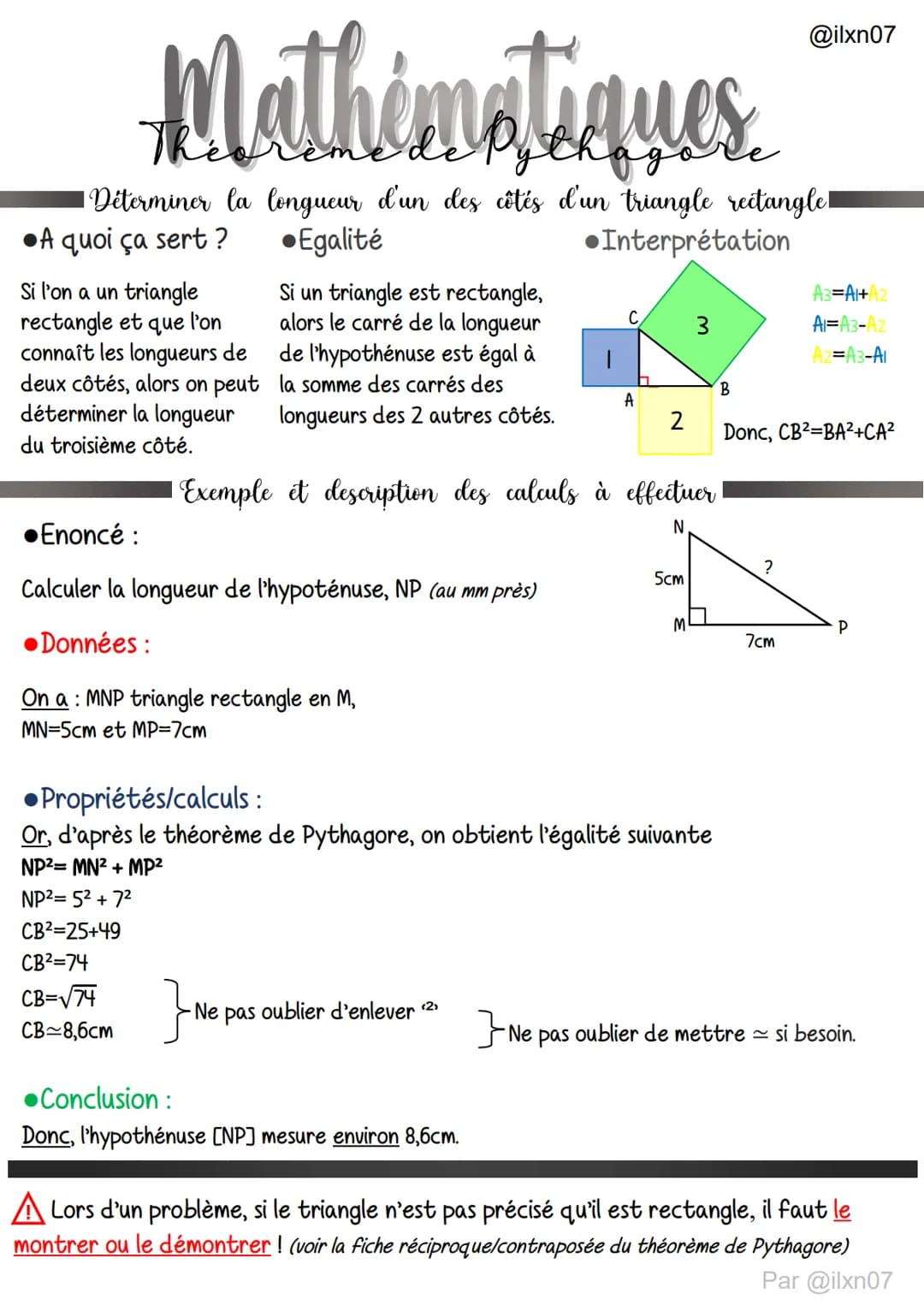 Mathématiques.
1 Déterminer la longueur d'un des côtés d'un triangle rectangle
A quoi ça sert?
•Egalité
•Interprétation
Si l'on a un triangl