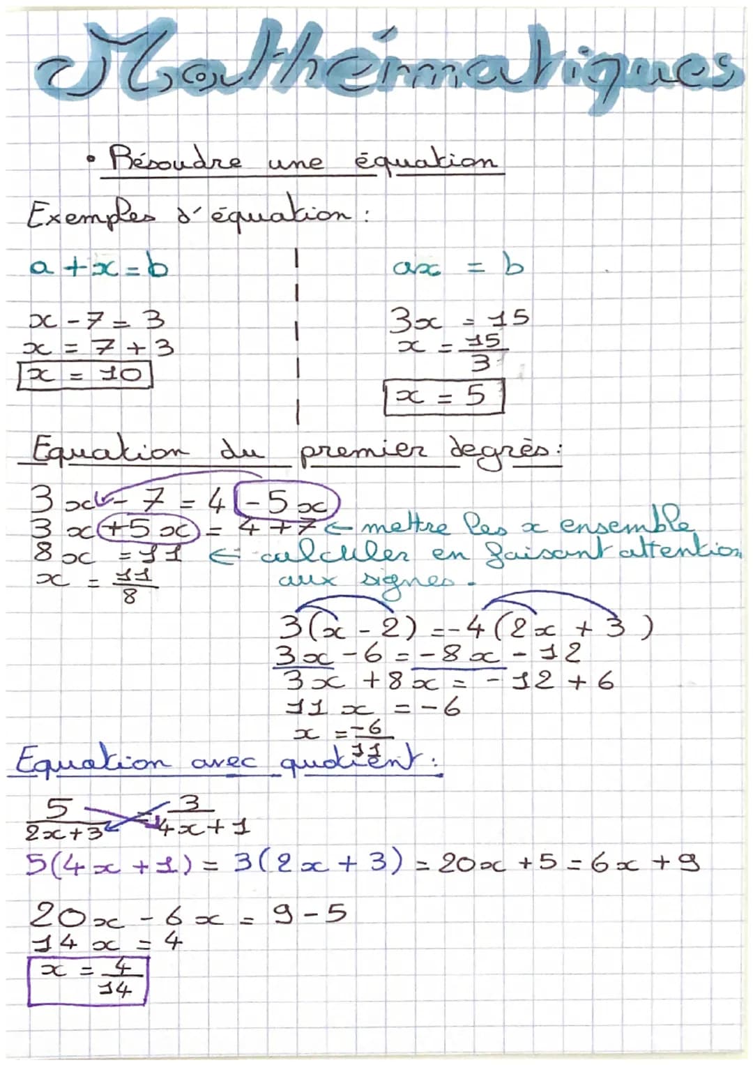 Mathematiques
Bésoudre une équation
●
Exemples d'équation:
a +x=b
X-7= 3
x = 7+3
X=40
DC
Equation
1
abc
= b
15
355
20x - 6x
14 x
x=4
34
3x
x
