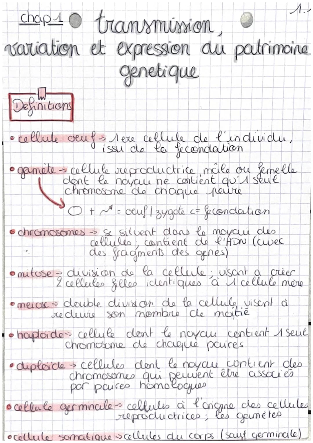 chop transmission,
variation
tw
Definitions
et expression du patrimoine
genetique
• cellute oeufs Mere cellule de l'individu,
issu de la fec