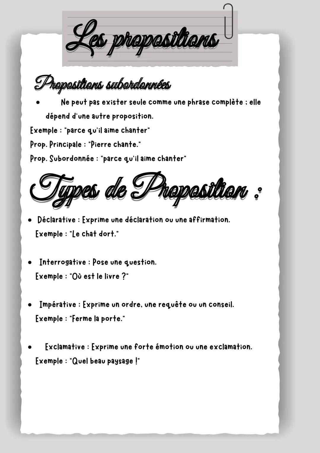 Les propositions
Une proposition est un morceau de phrase qui transmet une idée
complète.
Elle contient deux éléments principaux :
Sujet Qui