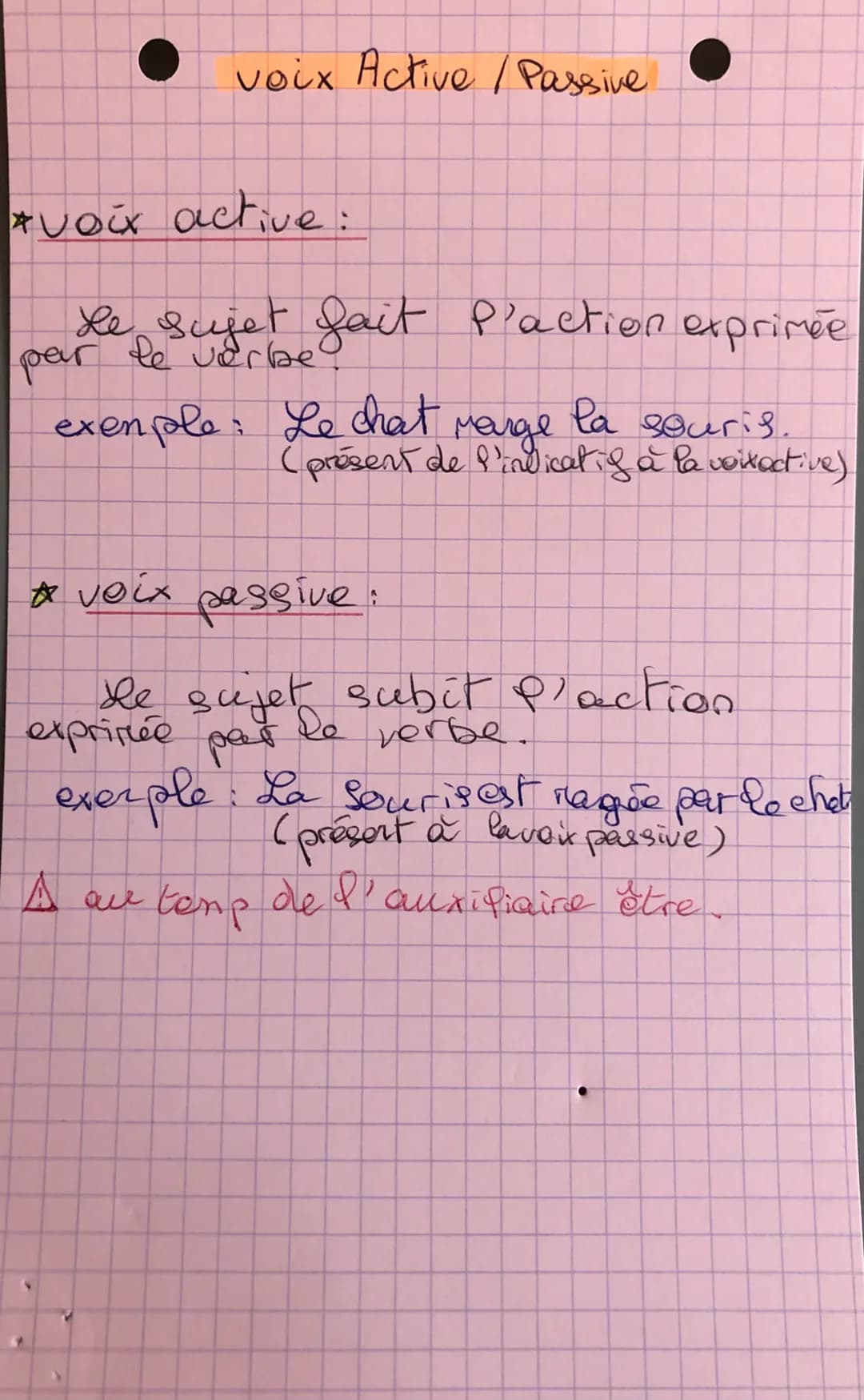 voix Active / Passive
* Voix active:
Le sujet fait p'action exprimée
par le verbe
la souris.
магде
(présent de l'indicatif à la voixective).